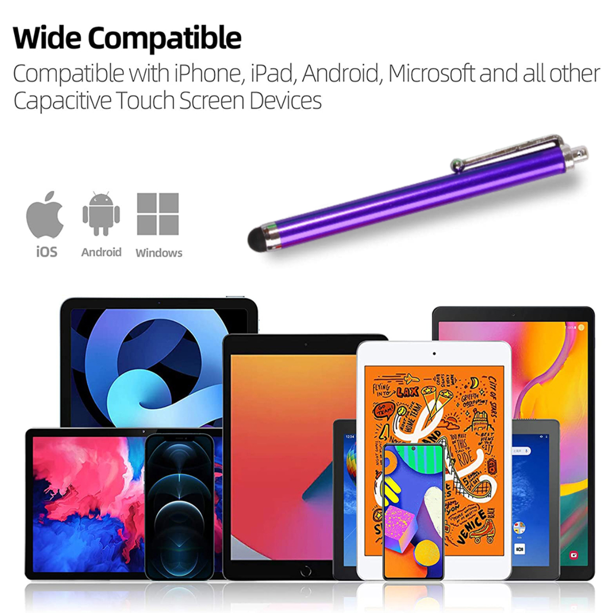 Lila Stift über verschiedenen Tablets und Handys mit bunten Bildschirmen.