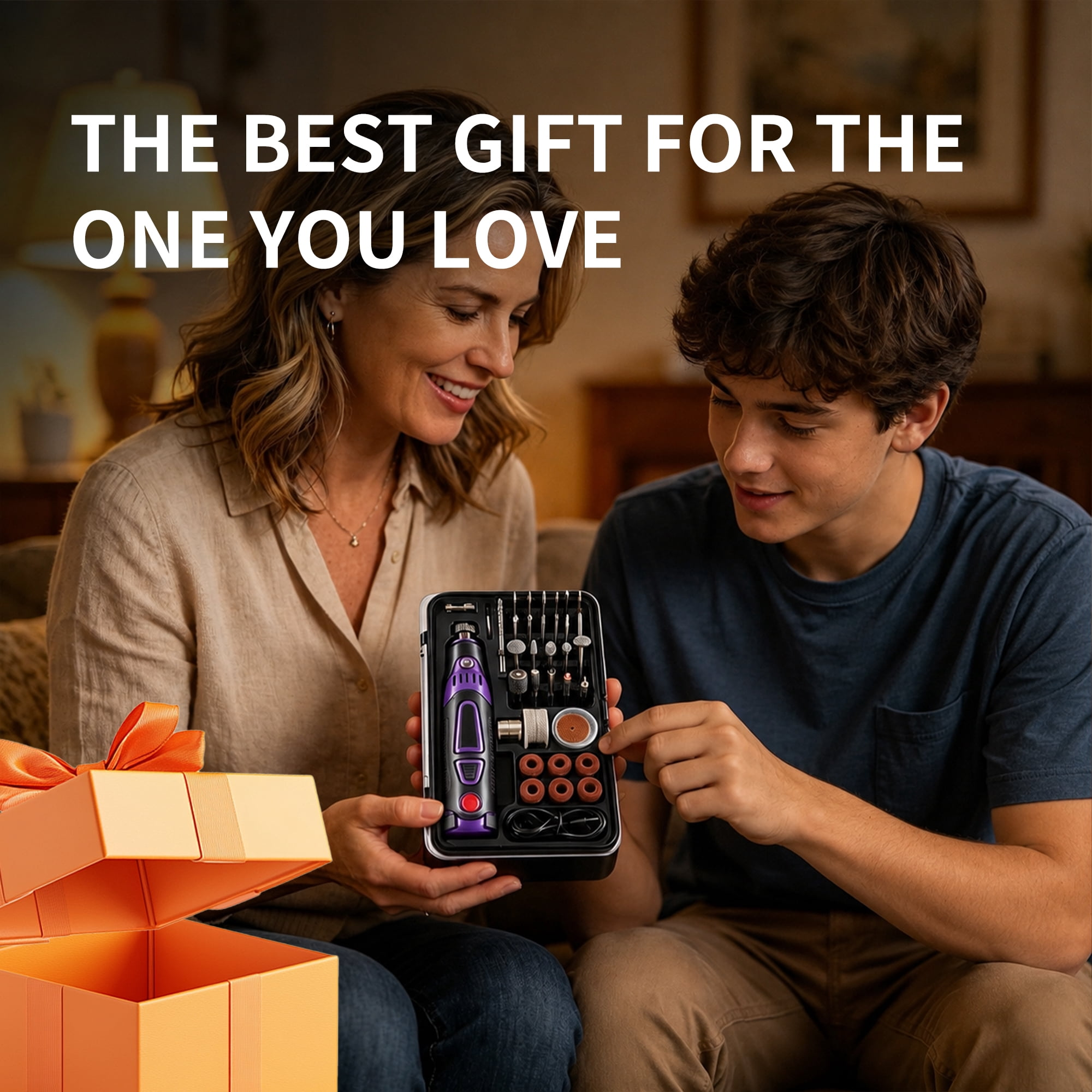 Mutter und Sohn halten ein Werkzeugset mit Aufsätzen. Orange Geschenkbox daneben.