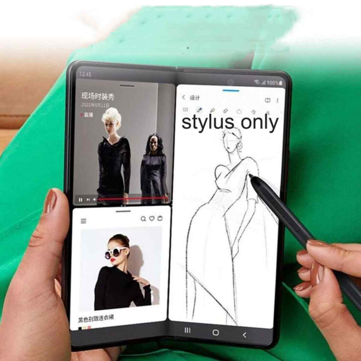 Ein faltbares Smartphone zeigt Modefotos und eine Strichzeichnung eines Kleides.