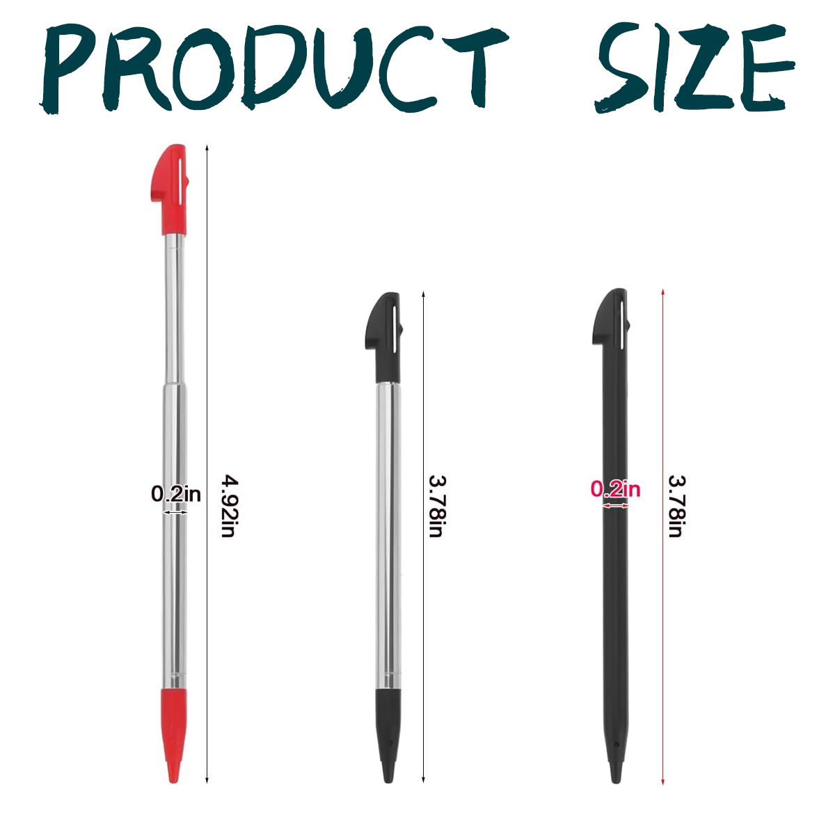 Drei Stifte: rotspitzig 12,5cm, silber 9,6cm, schwarz 9,6cm. Alle 0,5cm breit.