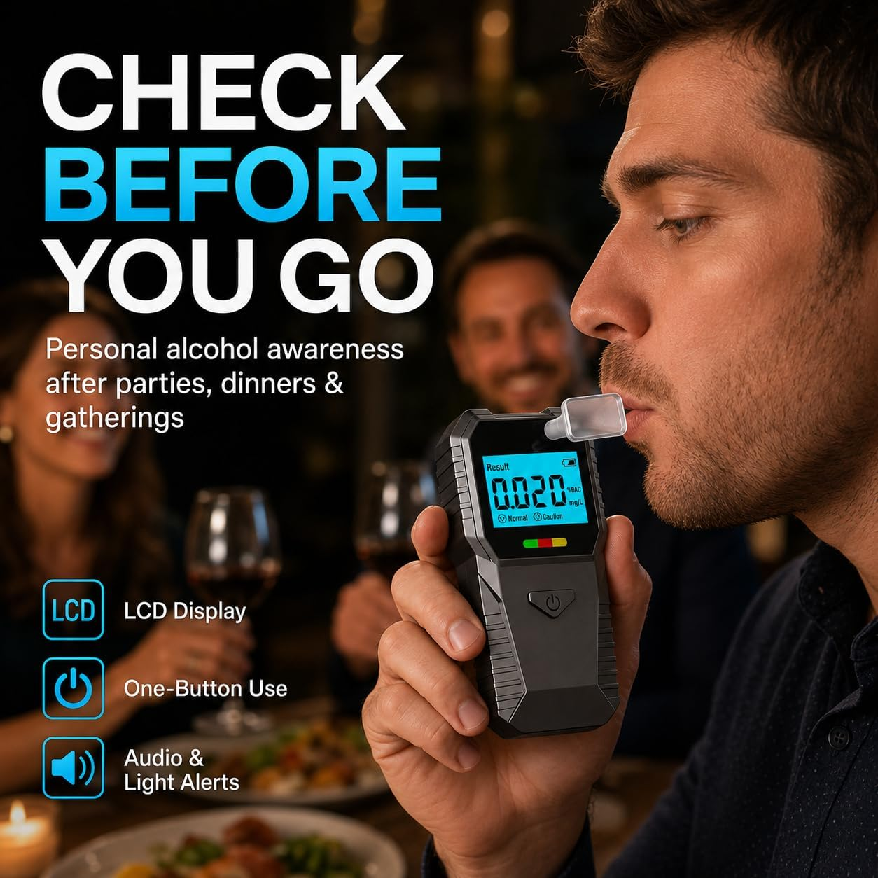 Mann benutzt ein Alkoholmessgerät mit 0,020 % BAC auf einer Party. Text: Check Before You Go.
