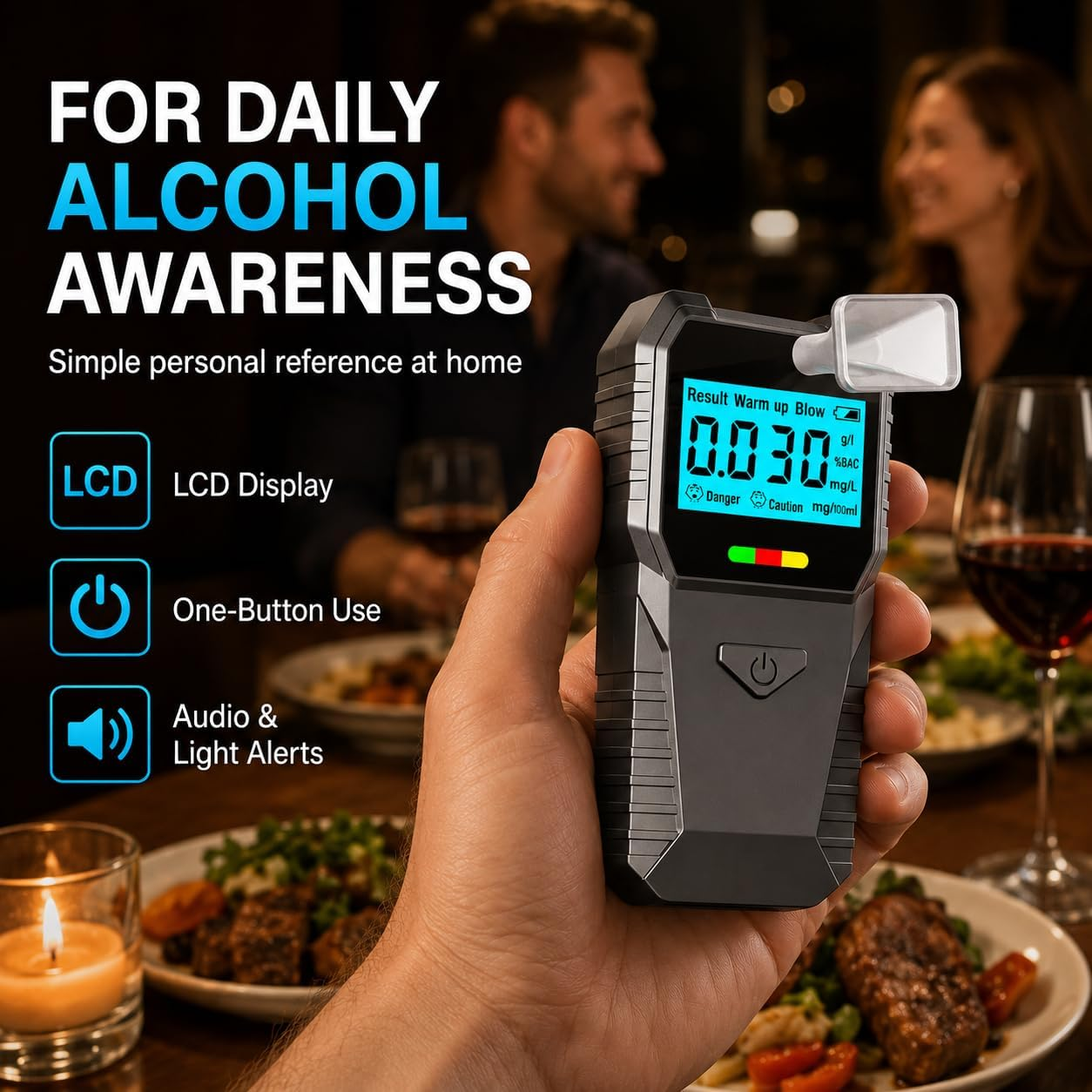 Ein Mann hält einen Alkoholtester mit LCD-Anzeige, der 0,030 anzeigt.