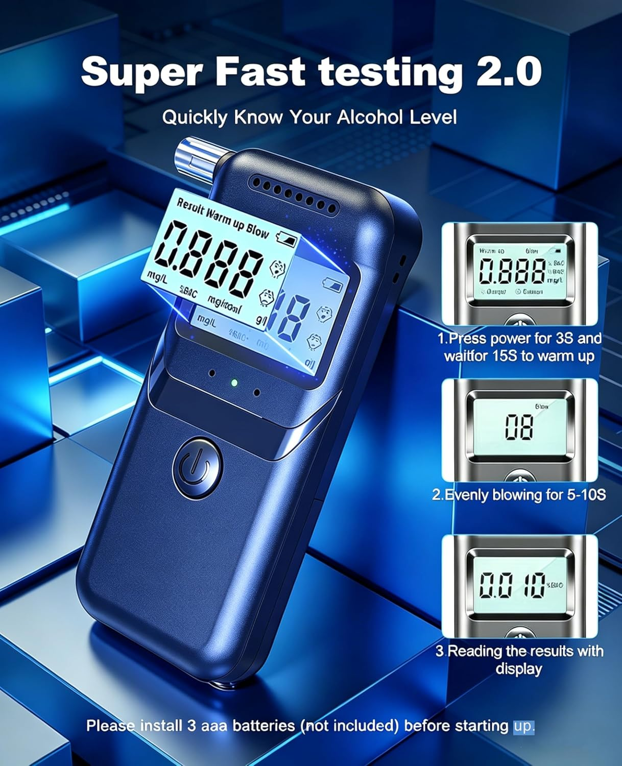 Ein blauer Alkoholtester mit digitaler Anzeige, die 0,888 anzeigt.