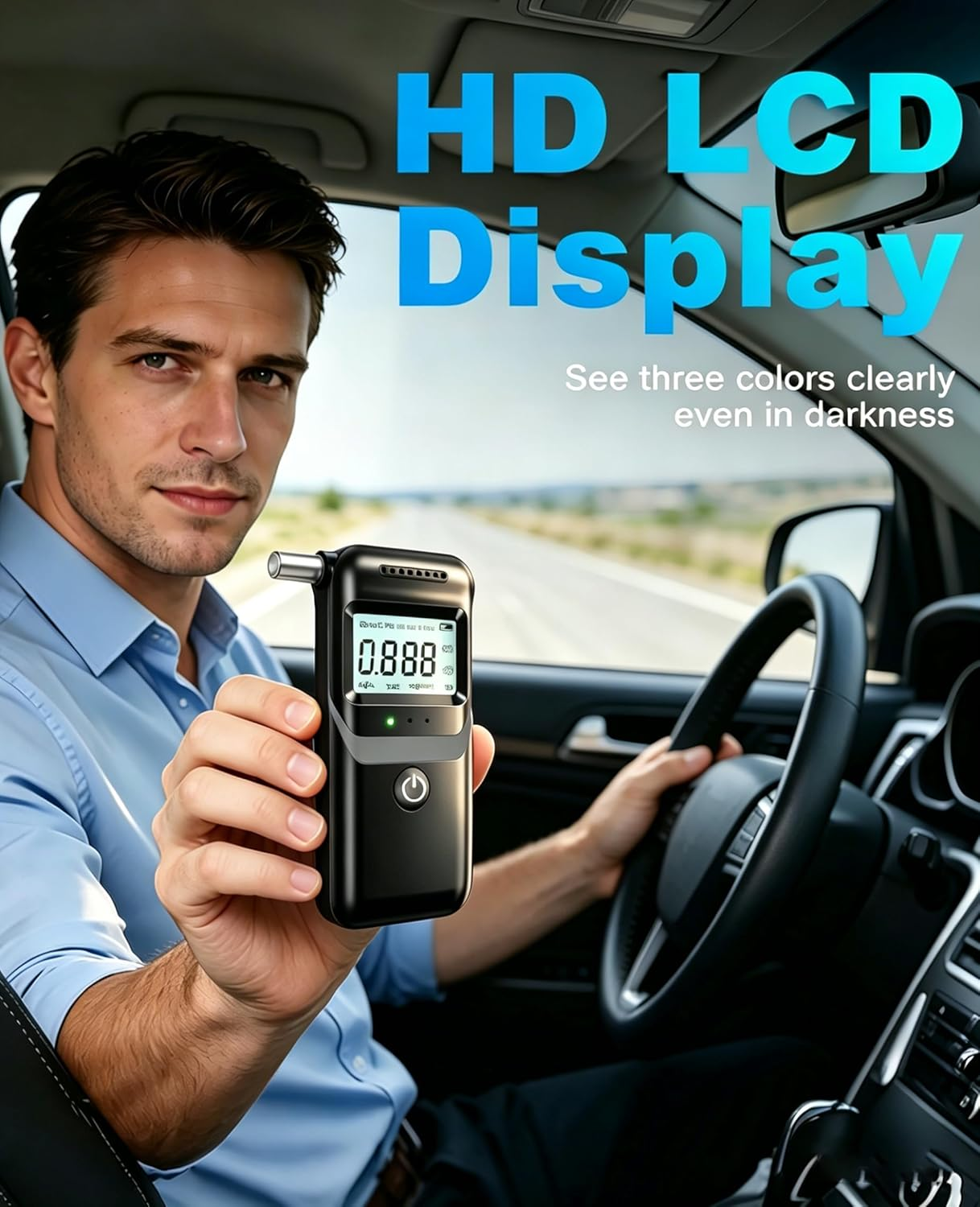 Mann im Auto hält Atemalkoholtester mit HD-LCD-Anzeige, die 0,888 anzeigt.