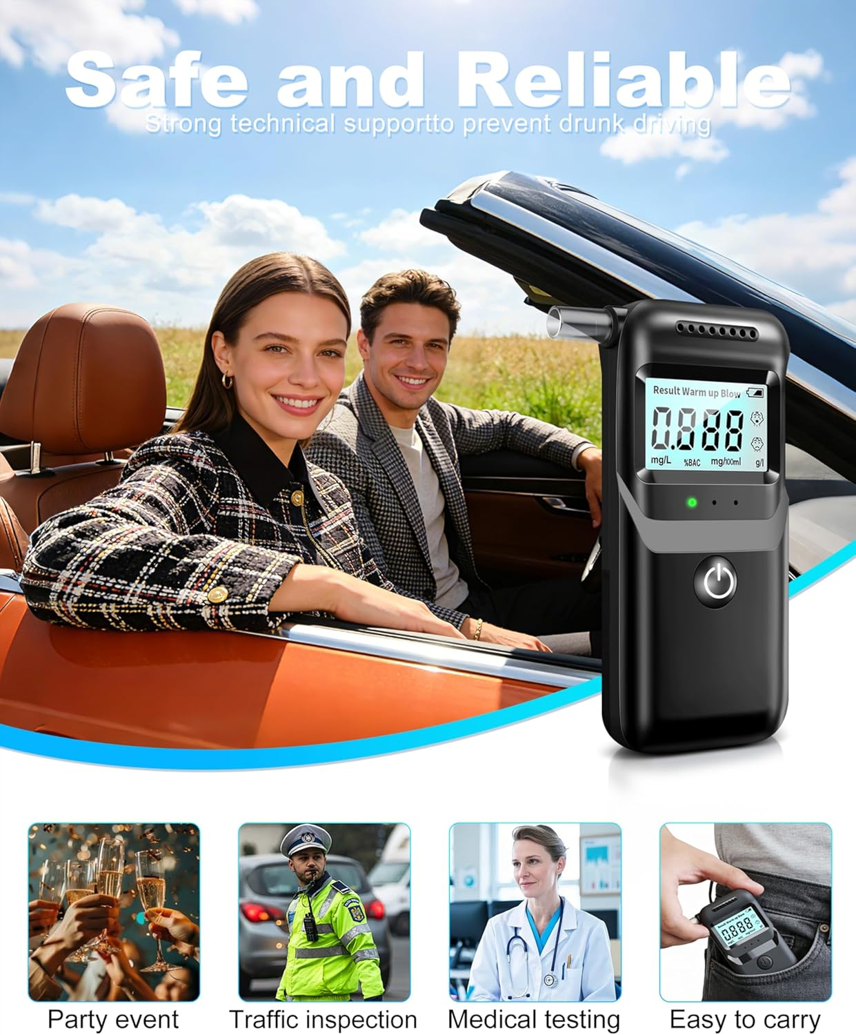 Mann und Frau im Auto mit Alkoholtester. Unten: Party, Verkehrskontrolle, Arzt, Tasche.