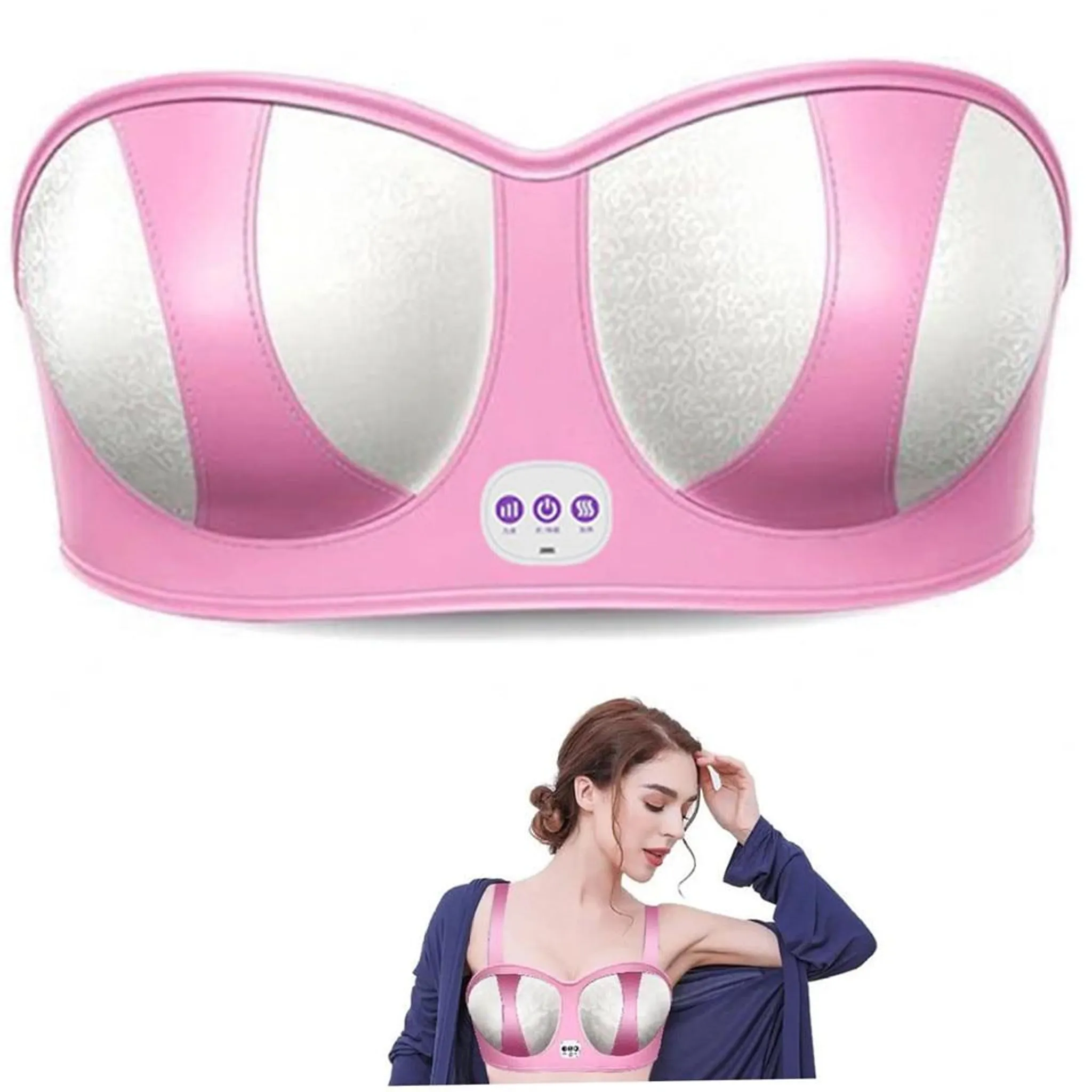Ein rosa BH mit weißen Einlagen und Bedienelementen, getragen von einer Frau.