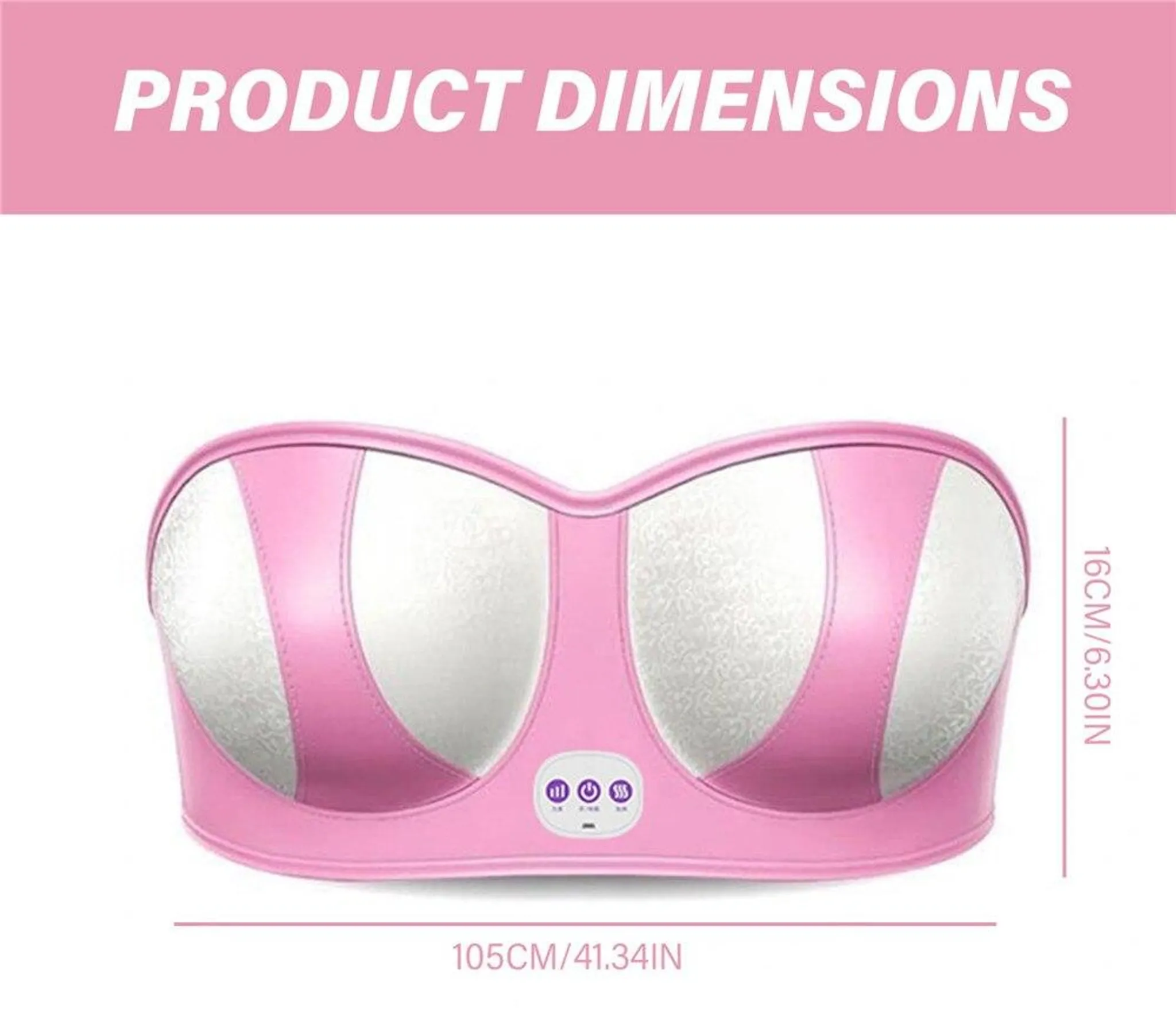 Pinker BH-förmiger Massager mit weißen, texturierten Körbchen. Maße: 105cm/41,34in Länge, 16cm/6,30in Höhe.