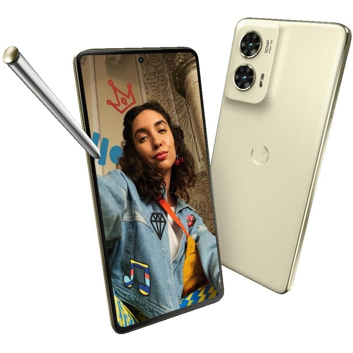 Ein Smartphone mit Stift und einer Frau auf dem Display. Rückseite mit Kameras.