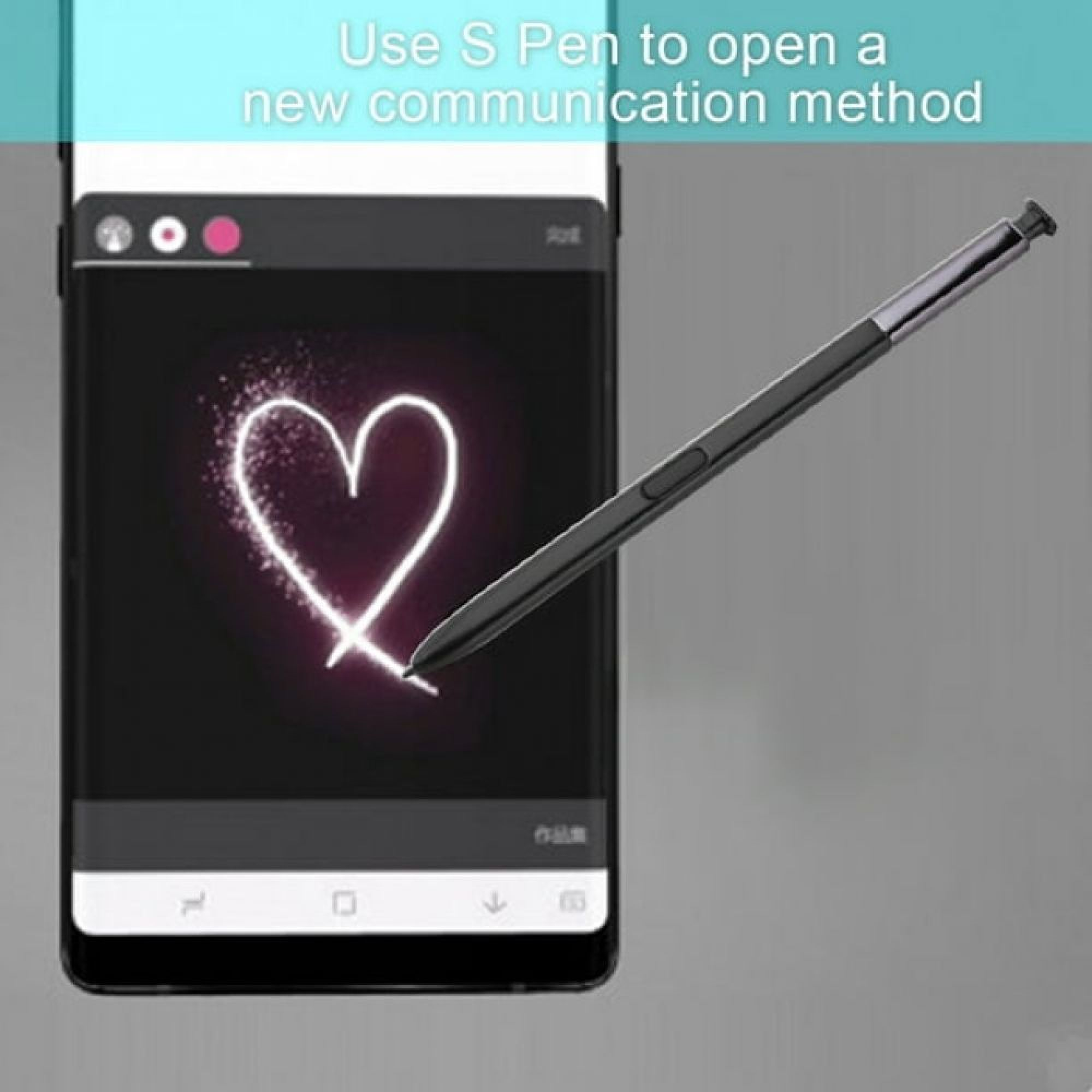 Ein schwarzer S Pen zeichnet ein leuchtendes Herz auf einem Smartphone-Bildschirm.
