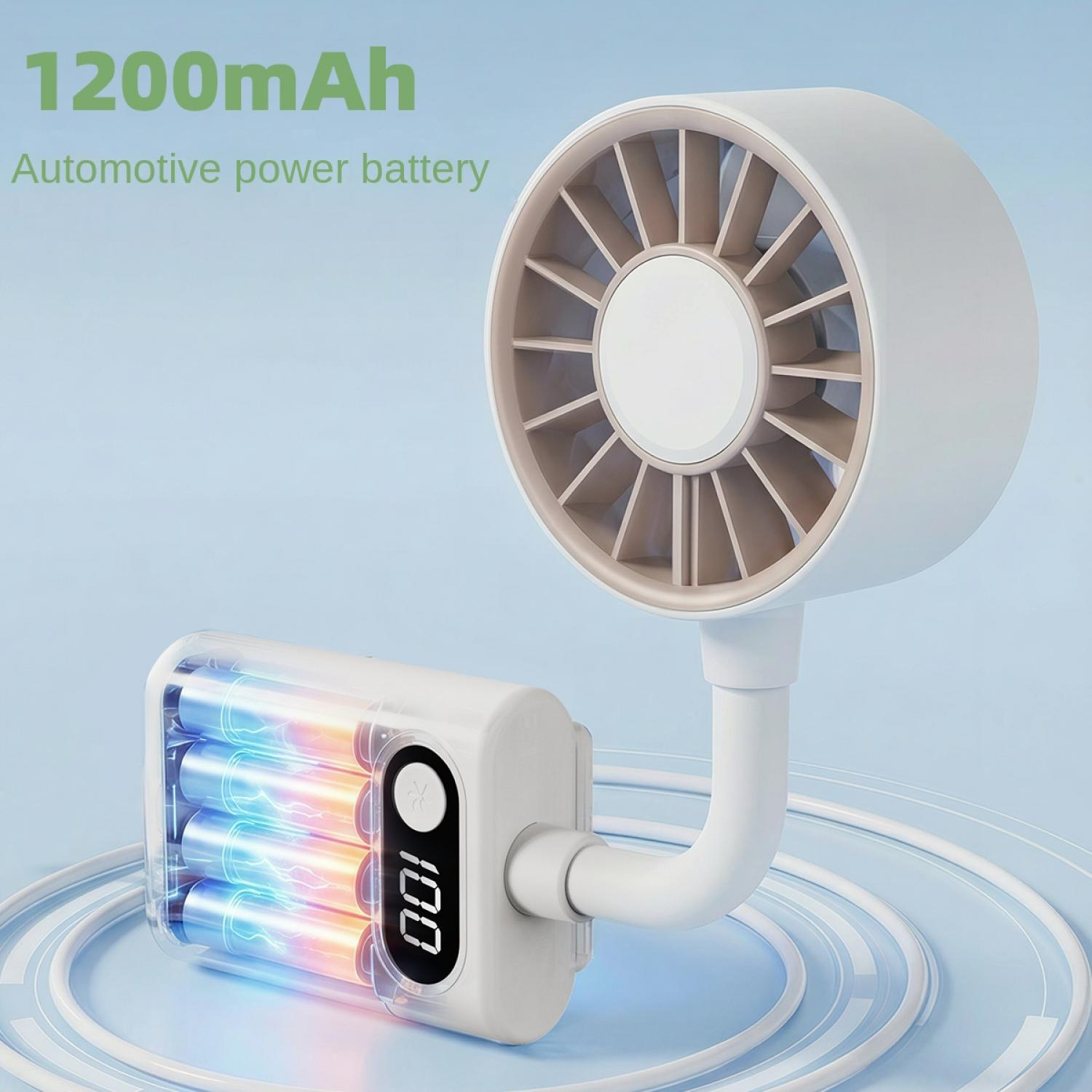 Ein tragbarer Lüfter mit einem sichtbaren 1200mAh Akku, der 100% anzeigt.