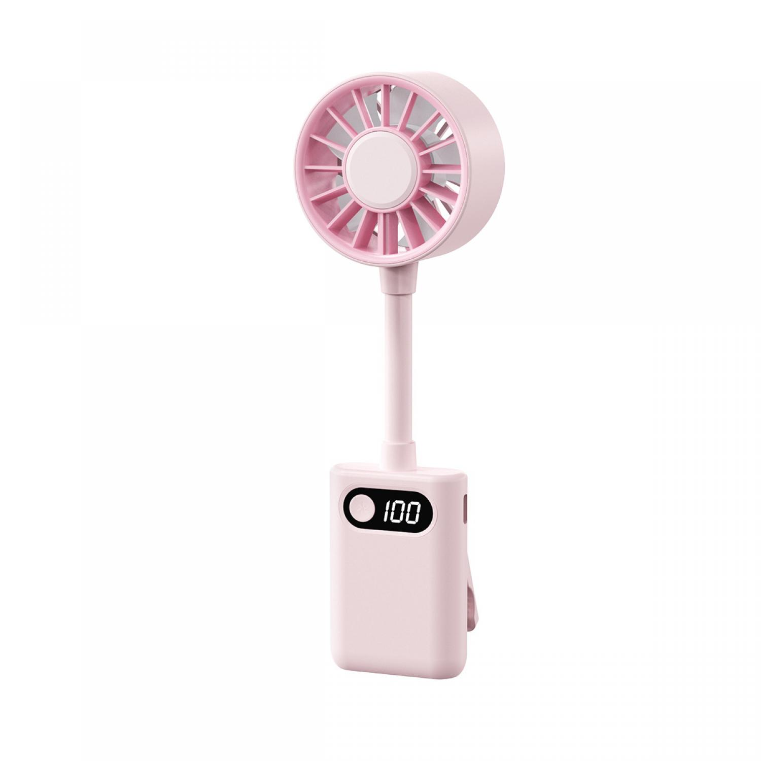 Ein rosafarbener tragbarer Ventilator mit einem digitalen Display, das 100 anzeigt.
