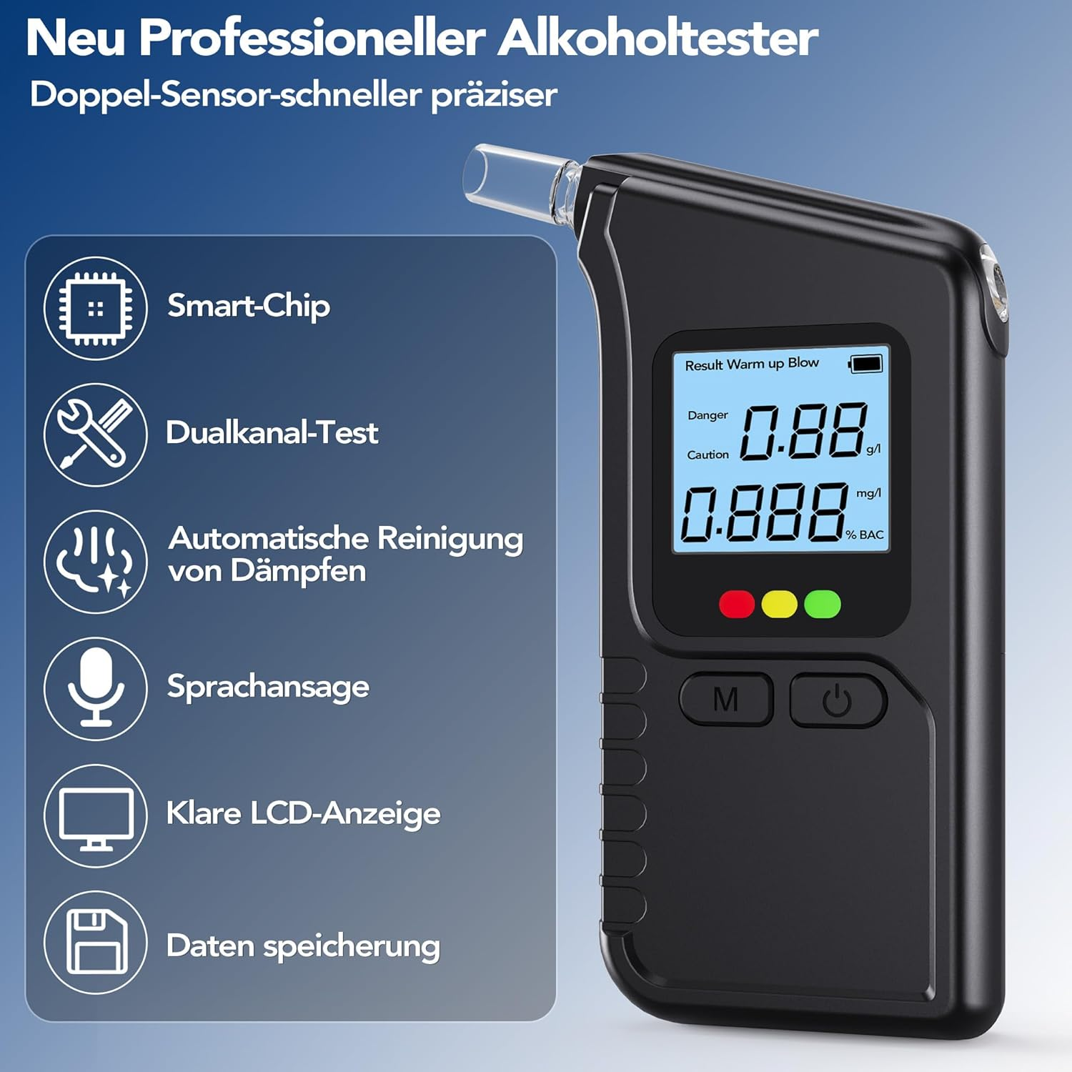 Schwarzer Alkoholtester mit LCD-Anzeige, zeigt Testergebnisse und Funktionen.