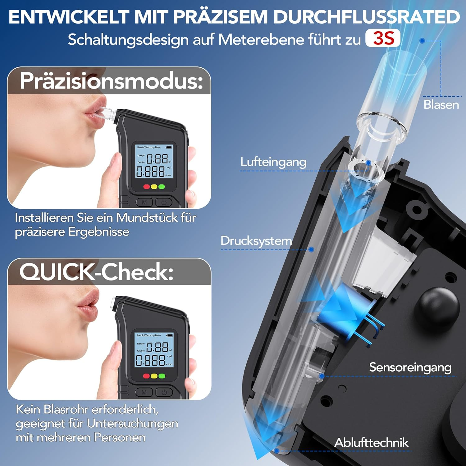 Ein Alkoholtester mit zwei Modi: Präzisionsmodus mit Mundstück und Quick-Check ohne.