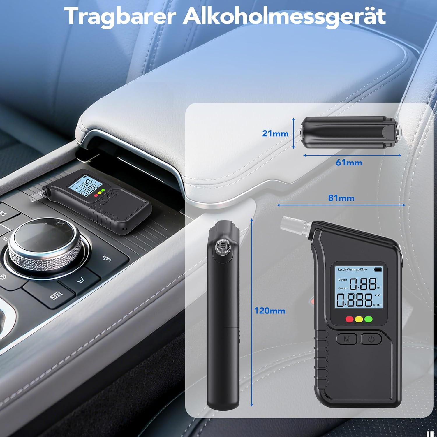 Tragbares Alkoholmessgerät im Auto mit Abmessungen und Display-Anzeige.