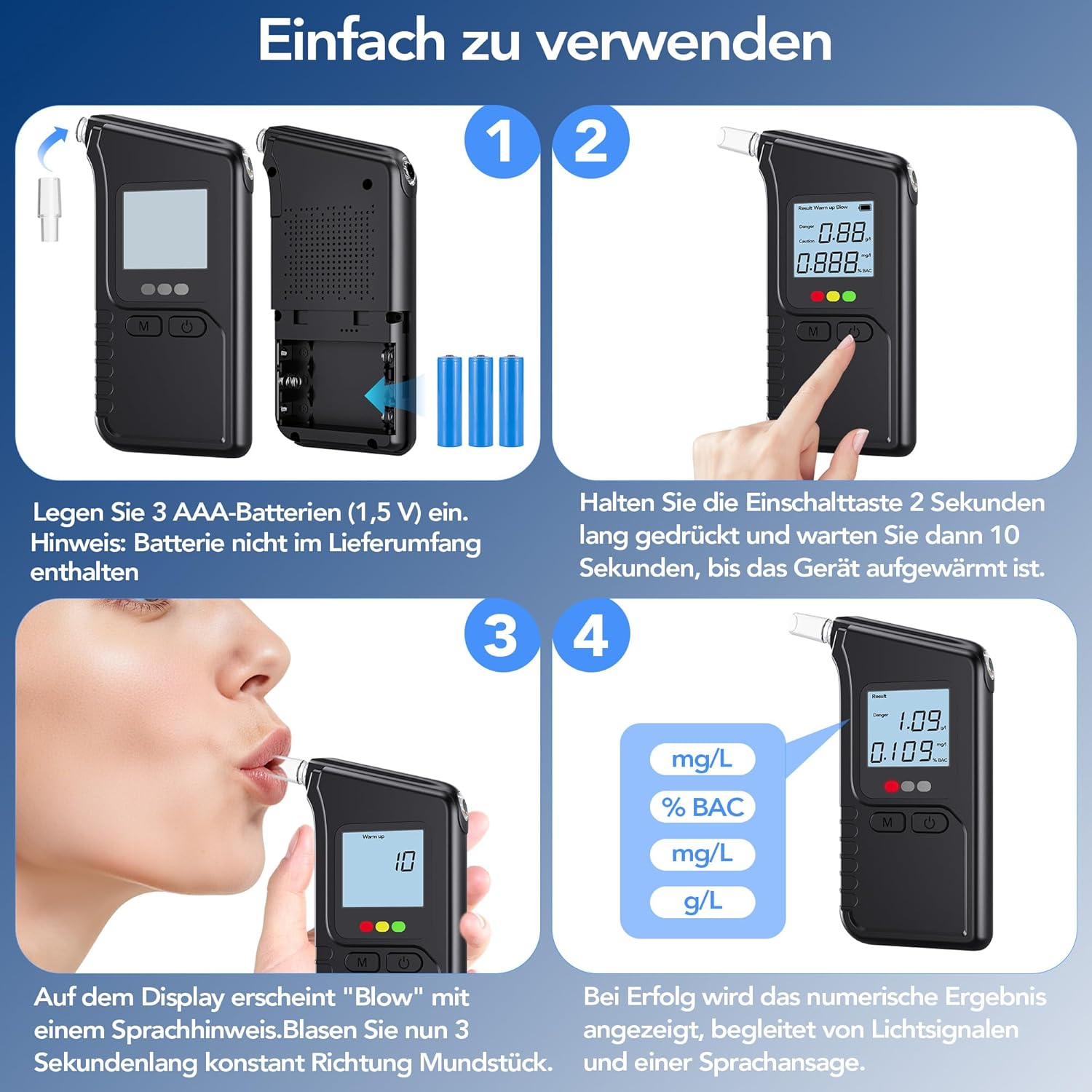 Ein Alkoholtester mit Batterien, Bedienungsanleitung, Person bläst hinein, Testergebnis.