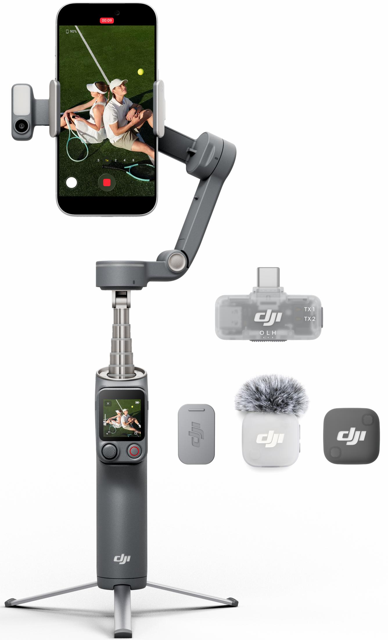 Estabilizador DJI con teléfono, micrófono y transmisor sobre fondo blanco.