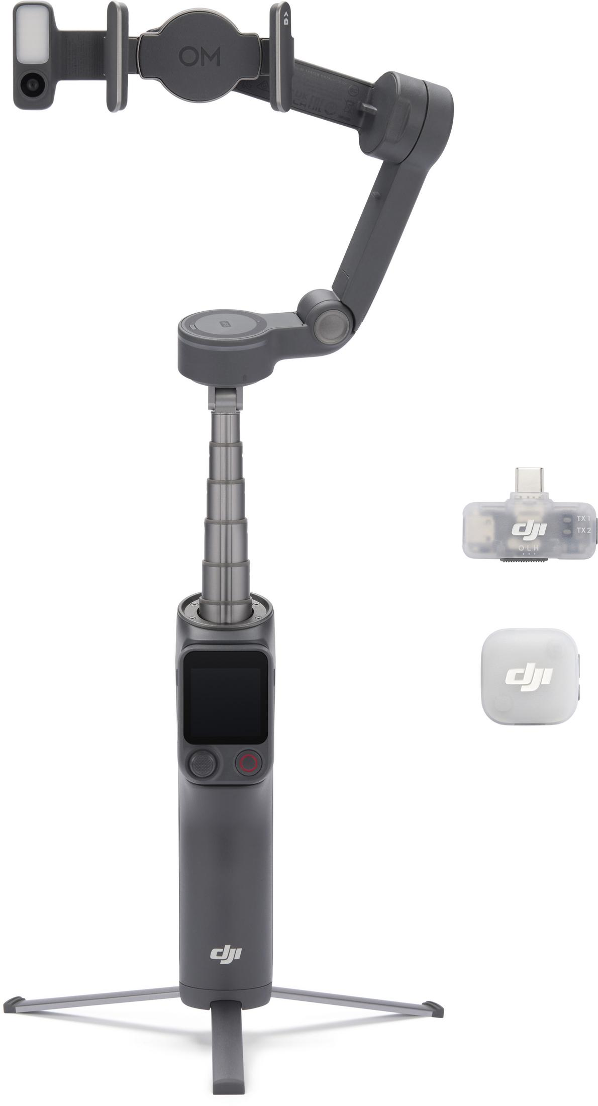 Gimbal gris con trípode, soporte para teléfono, palo extensible y accesorios.