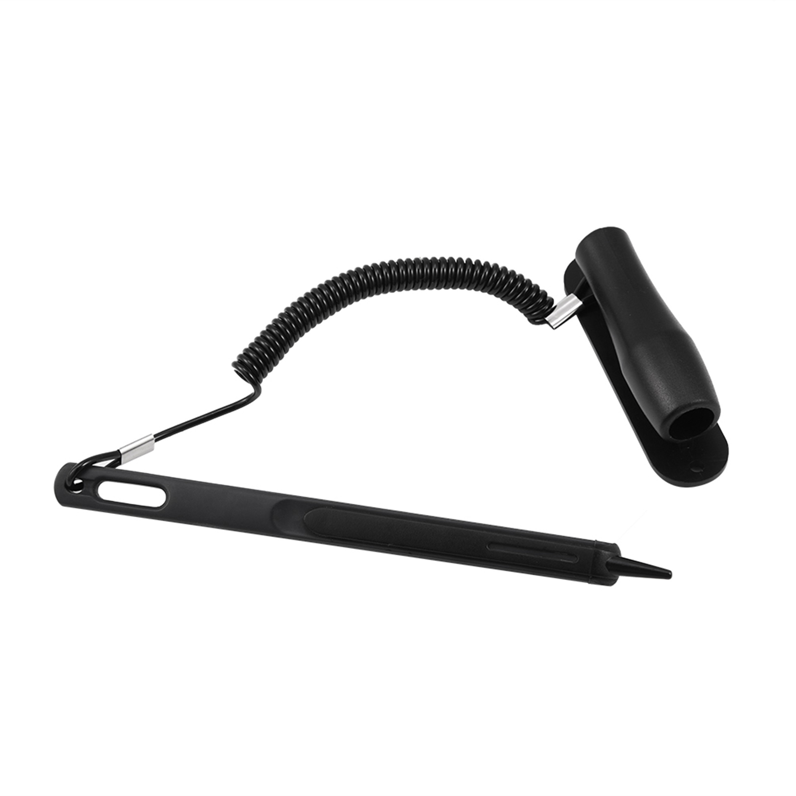Schwarzer Stift mit Spiralkabel und Clip, auf weißem Hintergrund.