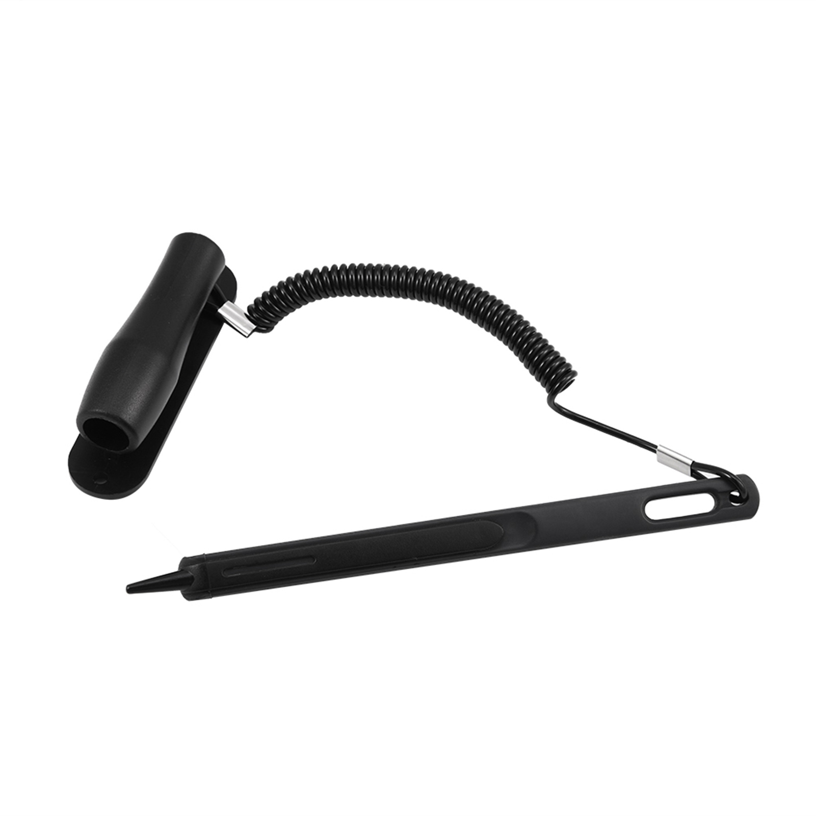 Ein schwarzer Stylus mit Spiralkabel und Clip auf weißem Hintergrund.