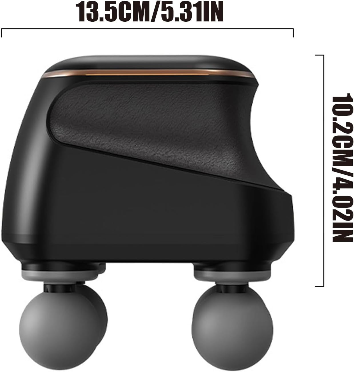 Schwarze Massagepistole mit zwei grauen Rollköpfen, 13,5 cm lang, 10,2 cm hoch.