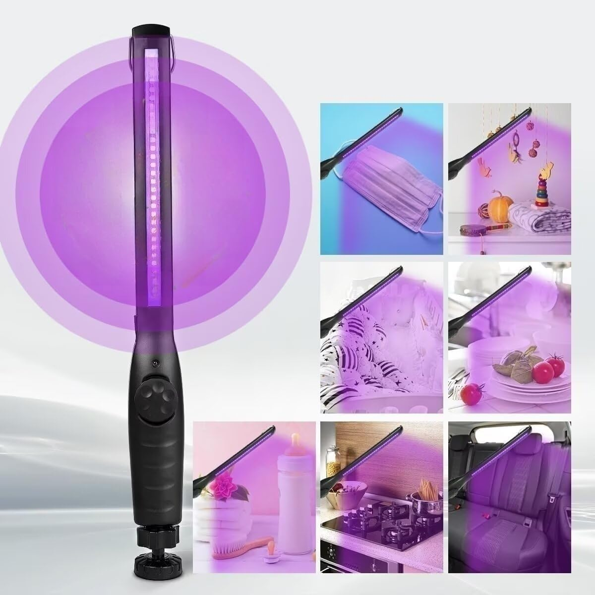 UV-Lampe beleuchtet Masken, Spielzeug, Stoffe, Geschirr, Flasche und Auto-Sitze.