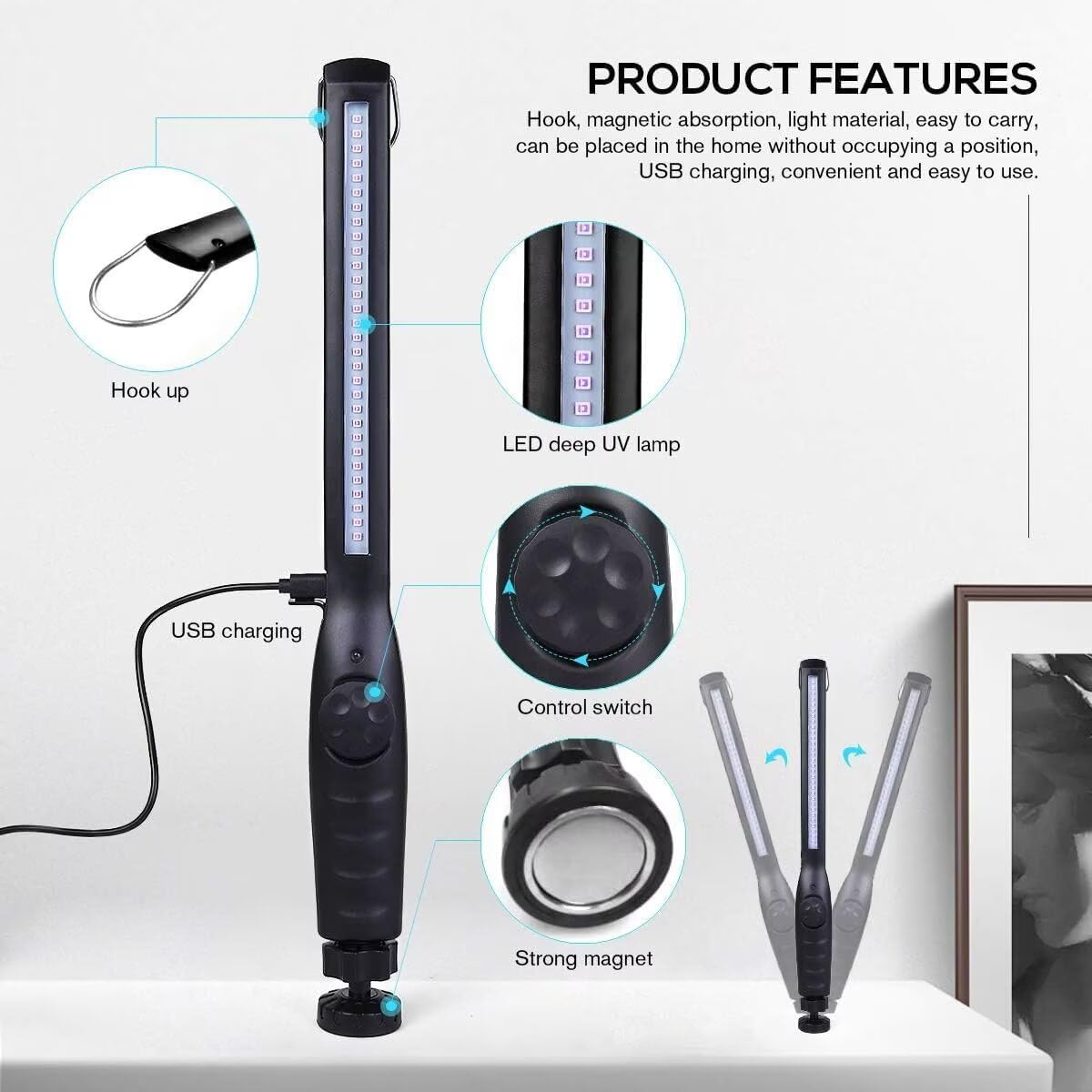 Schwarzer Arbeitslichtstab mit UV-LEDs, Haken, USB-Anschluss und Magnetfuß.