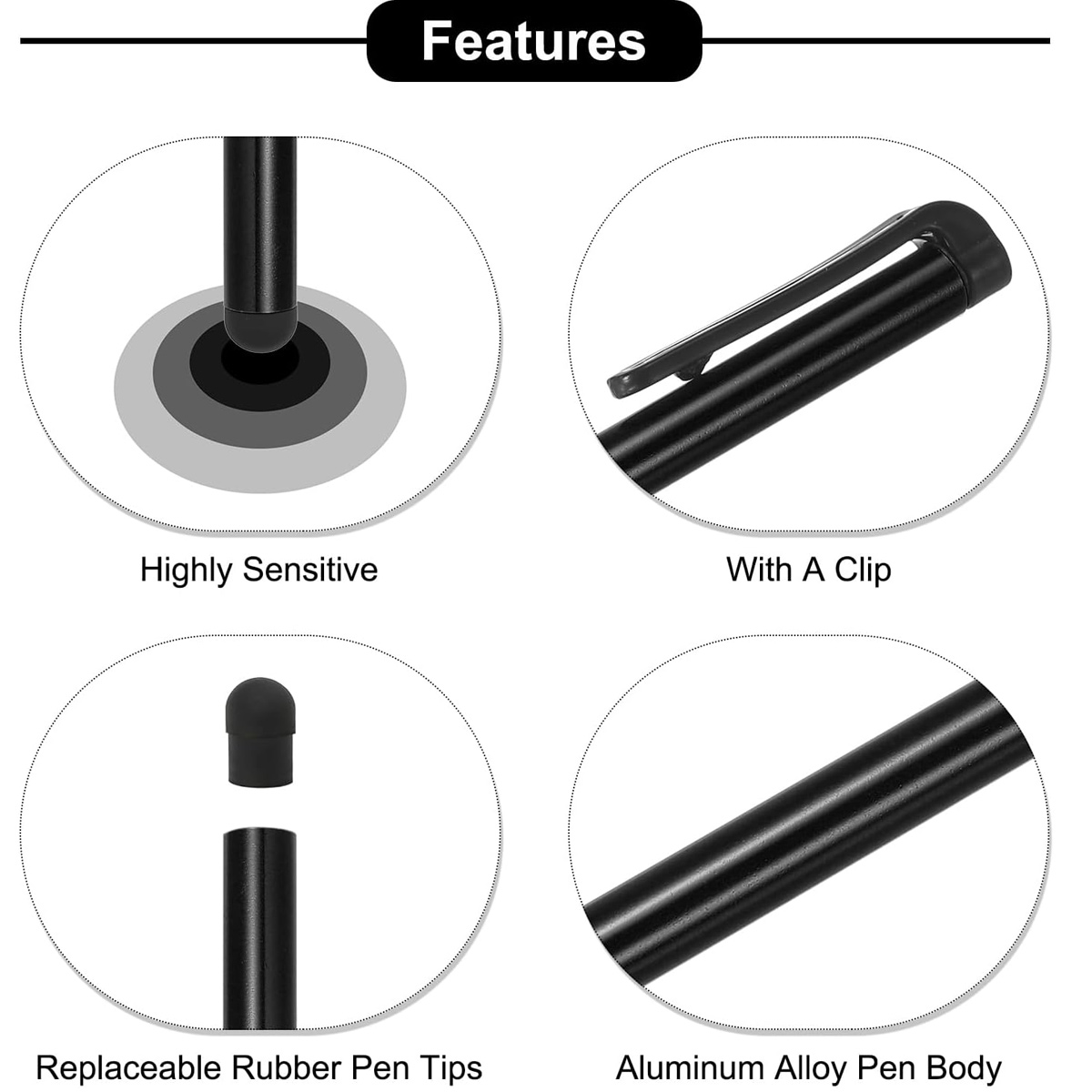 Merkmale: Empfindliche Spitze, Clip, austauschbare Gummispitzen, Aluminiumgehäuse.