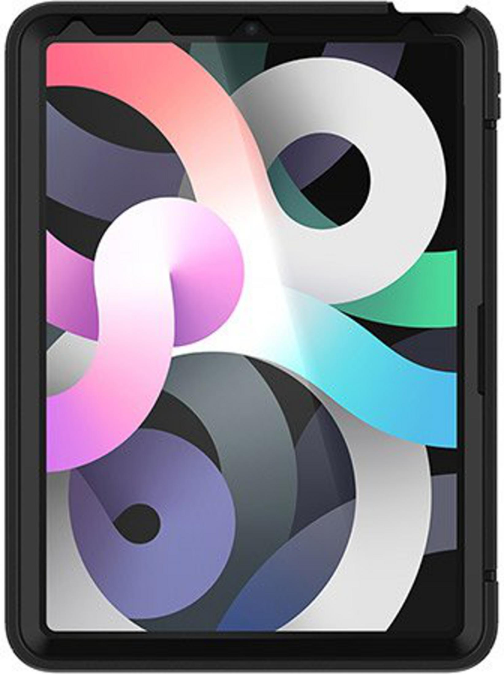 Ein schwarzes Tablet mit einem bunten Hintergrund aus geschwungenen Formen.