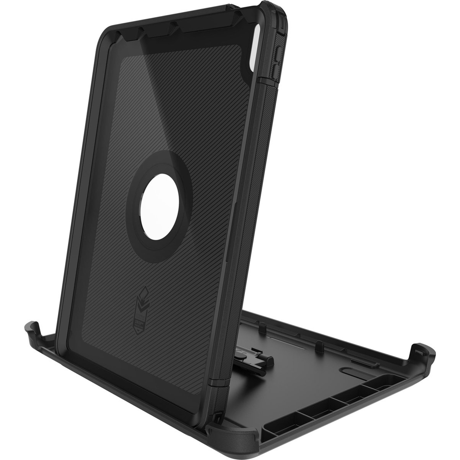 Schwarzes Tablet-Schutzgehäuse mit Ständer, das nach hinten geklappt ist.