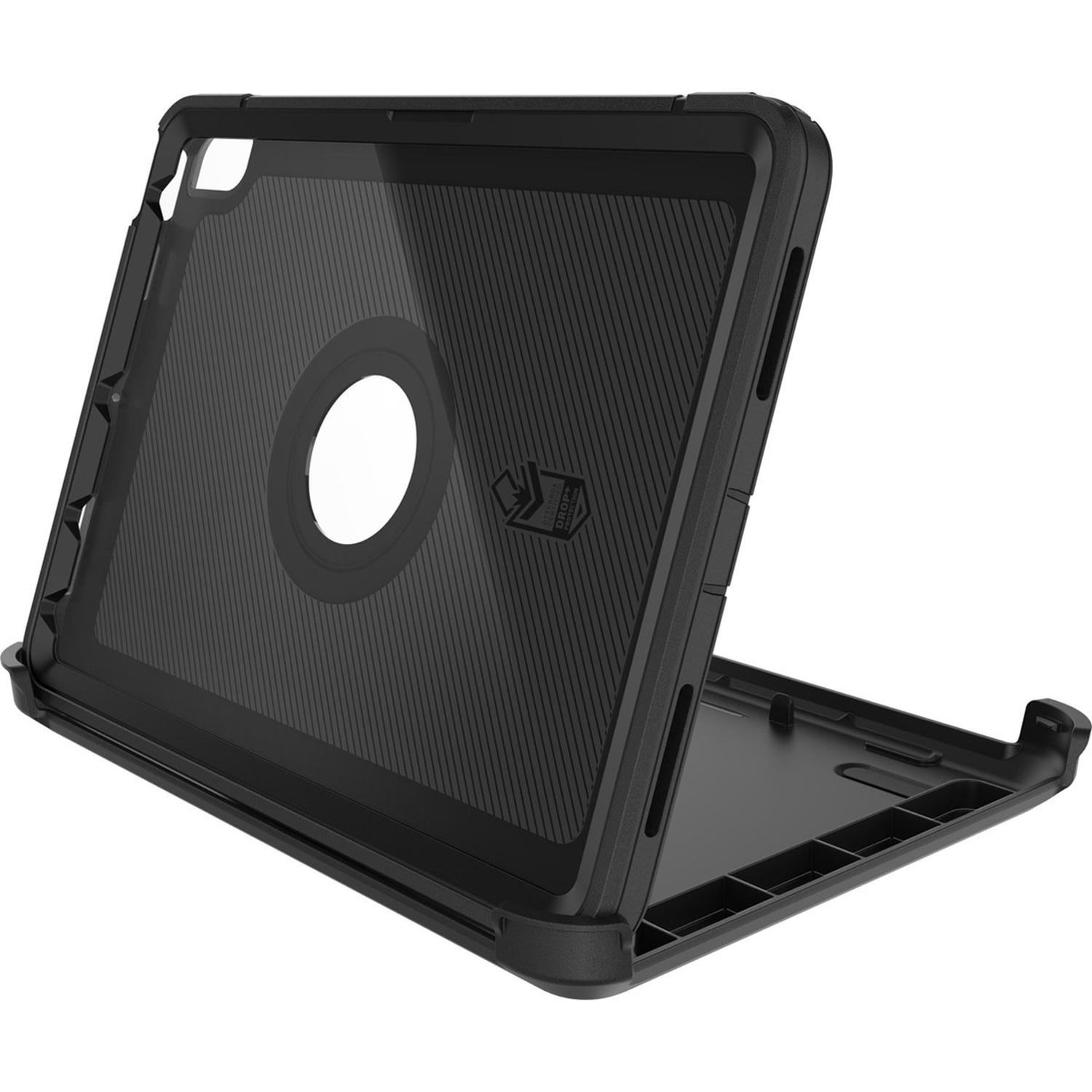 Schwarzes Tabletgehäuse mit offenem vorderen Teil und gerillter Rückseite.