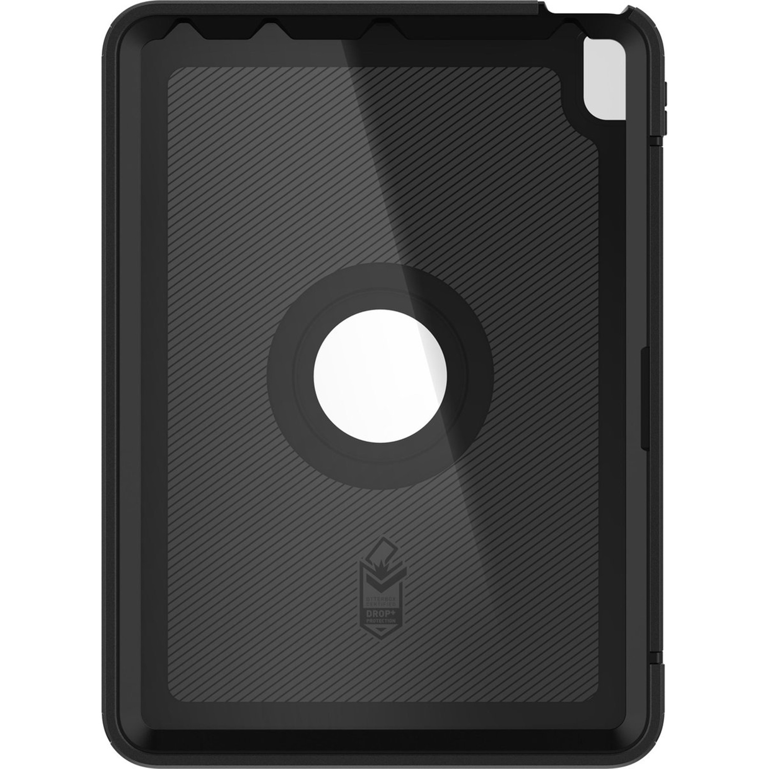 Schwarze Tablet-Hülle mit gerillter Rückseite und kreisförmiger Aussparung.
