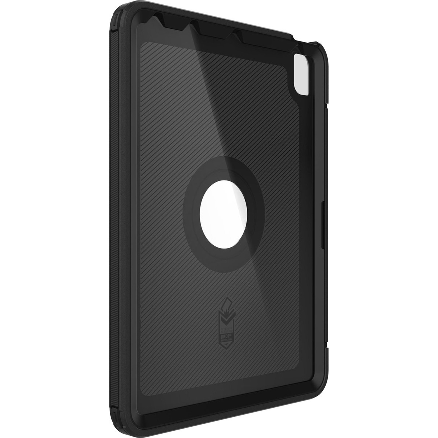 Schwarze Tablet-Hülle mit Rillenmuster und Kreismuster.