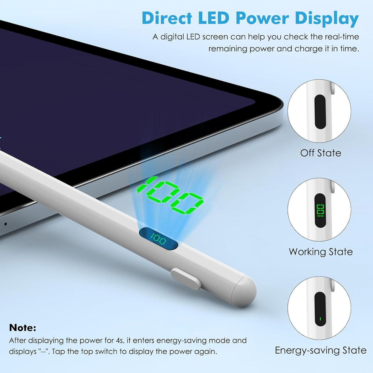 Weißer Stift mit LED-Bildschirm, der 100% anzeigt. Tablet im Hintergrund.