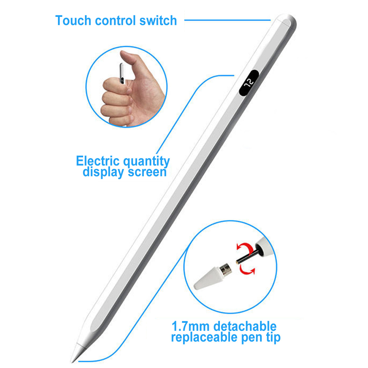 Ein weißer Stift mit Touch-Schalter, Display und abnehmbarer Spitze.