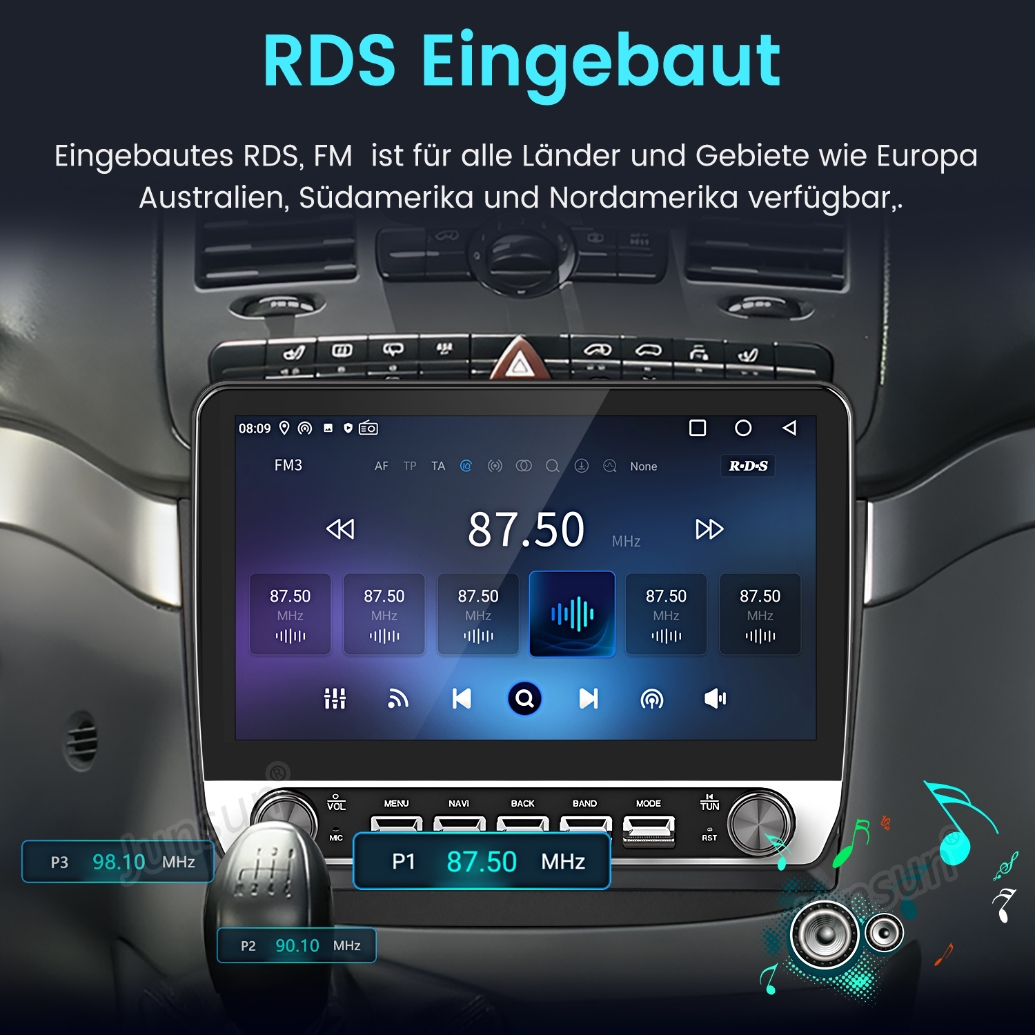 Ein Autoradio mit Touchscreen zeigt Sender 87.50 MHz an. Die Gangschaltung ist sichtbar.