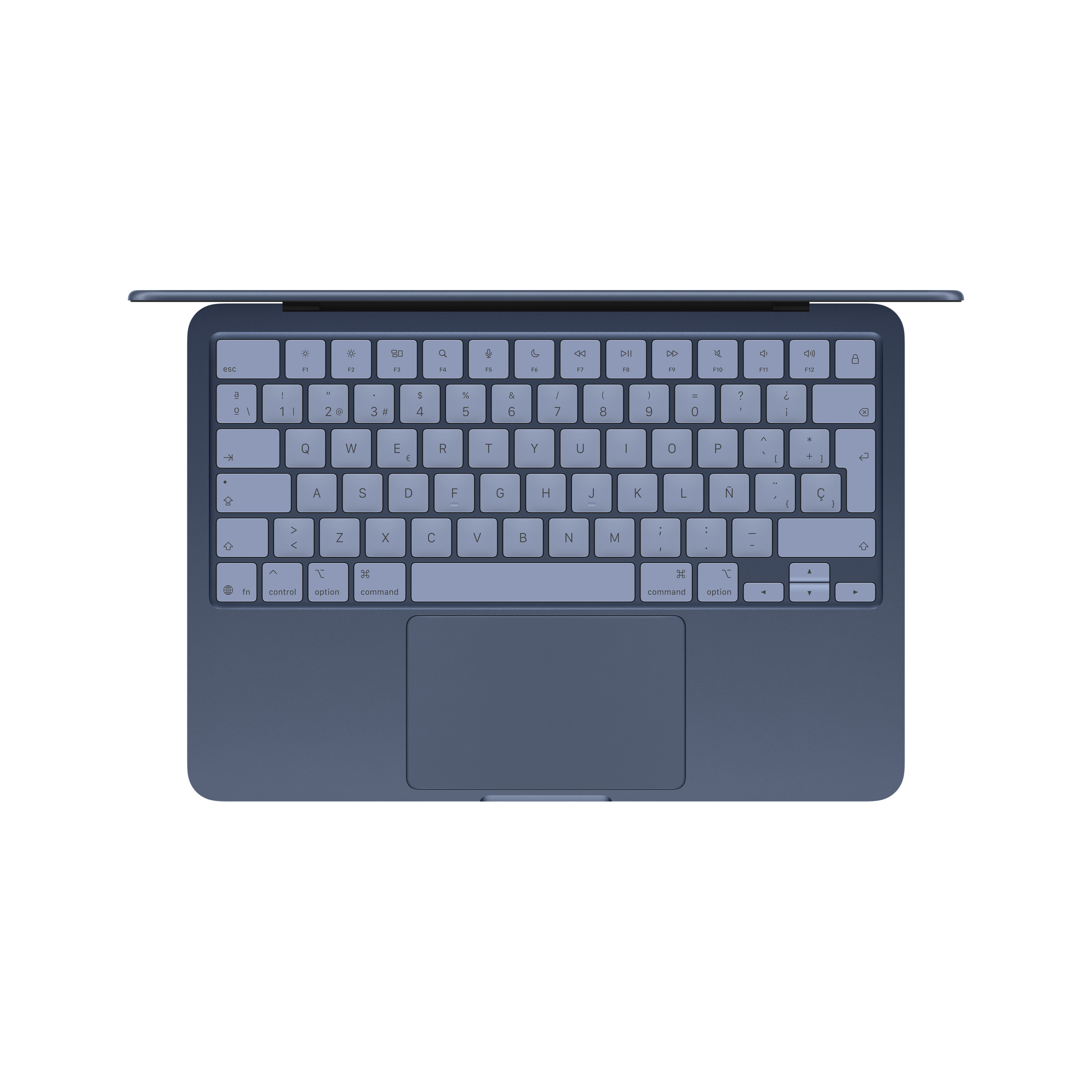 Una tableta azul con teclado y trackpad, vista desde arriba.