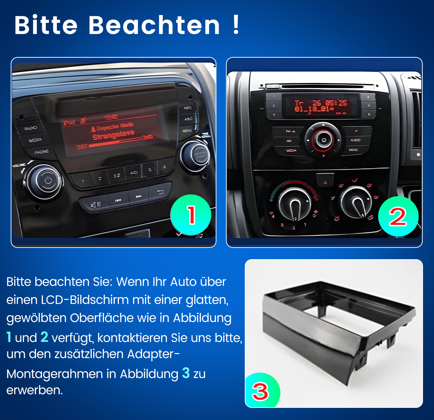 Zwei Autoradios, eines mit rotem Display, und ein schwarzer Einbaurahmen.