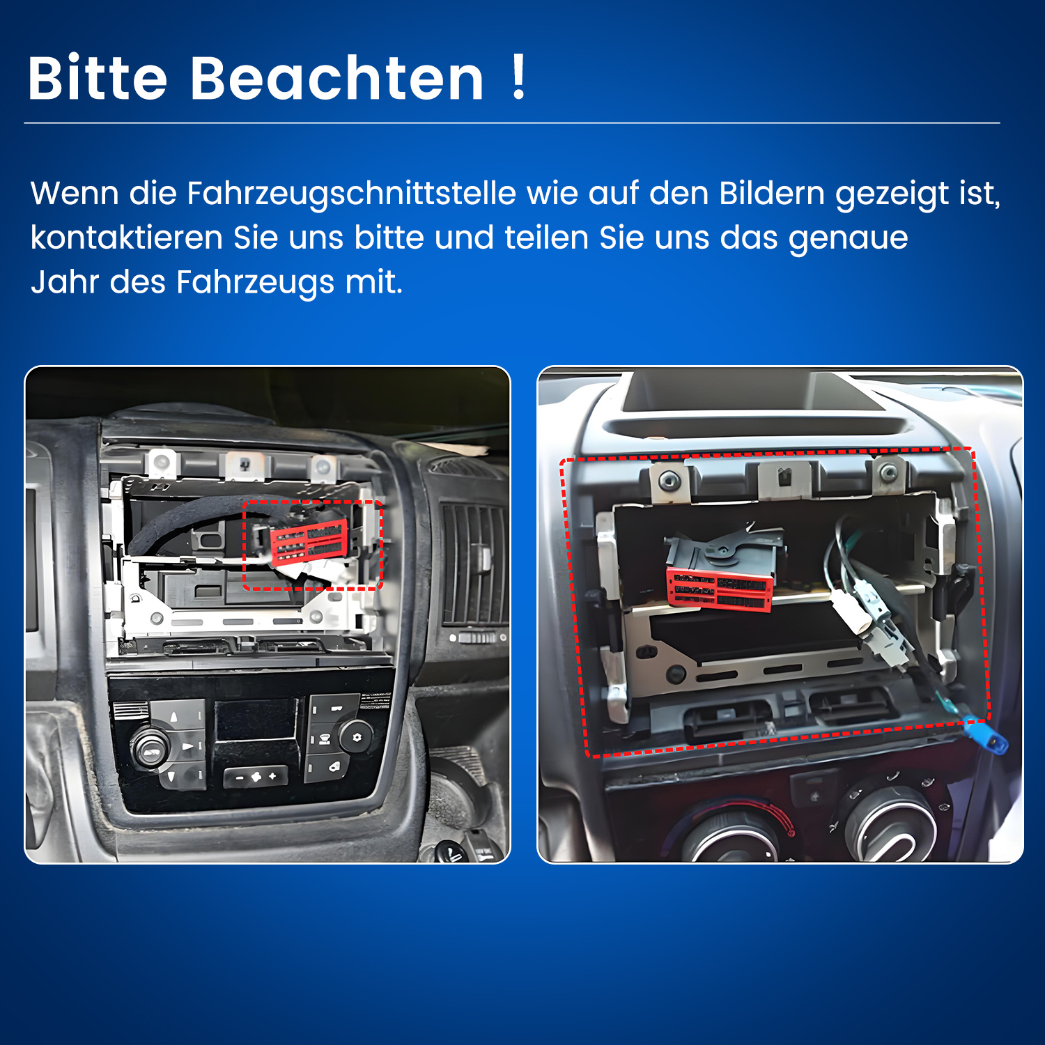 Fahrzeug-Armaturenbrett mit freigelegten Kabelsteckern, rot umrandet.