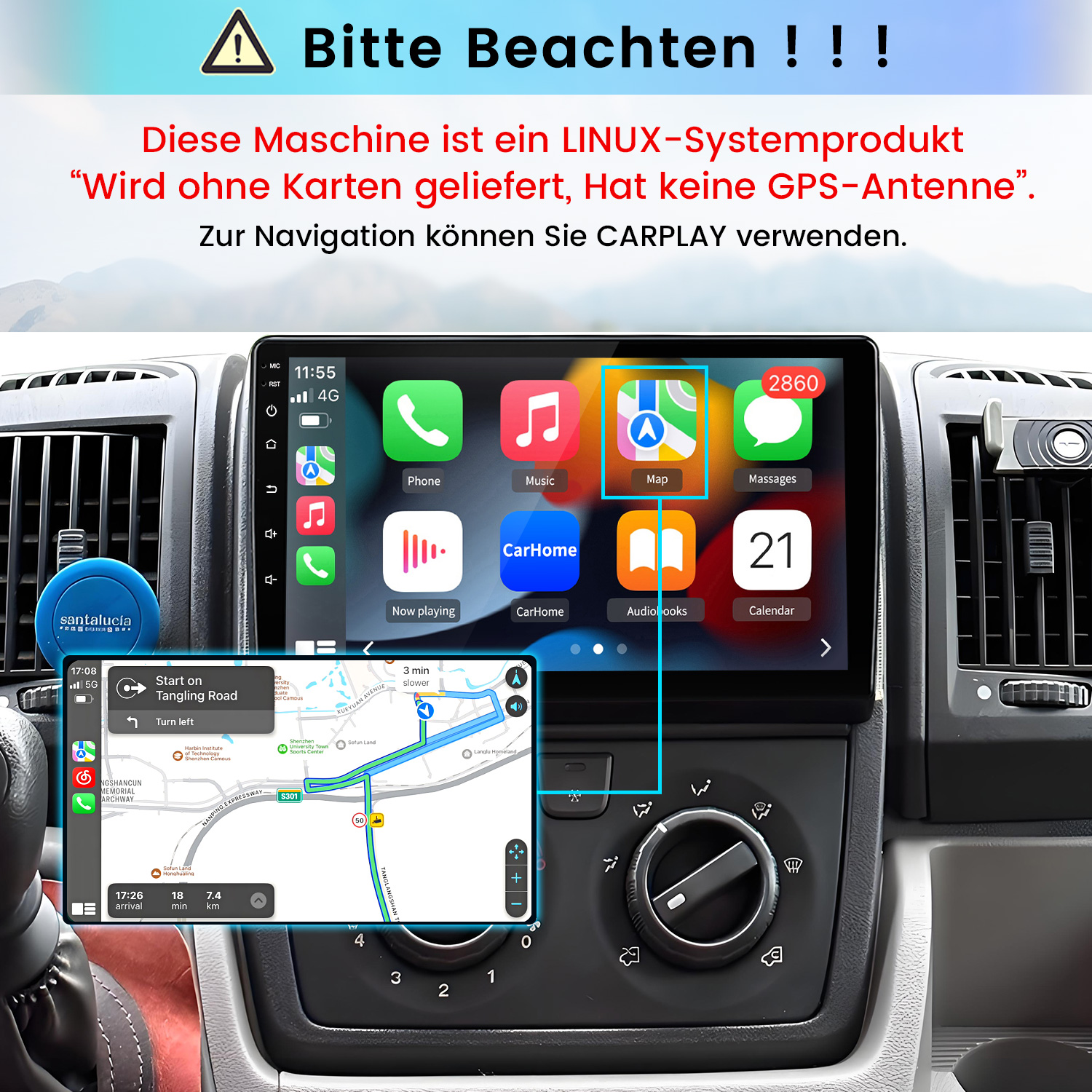 Ein Auto-Infotainmentsystem mit CarPlay-Navigation und Warnhinweisen.