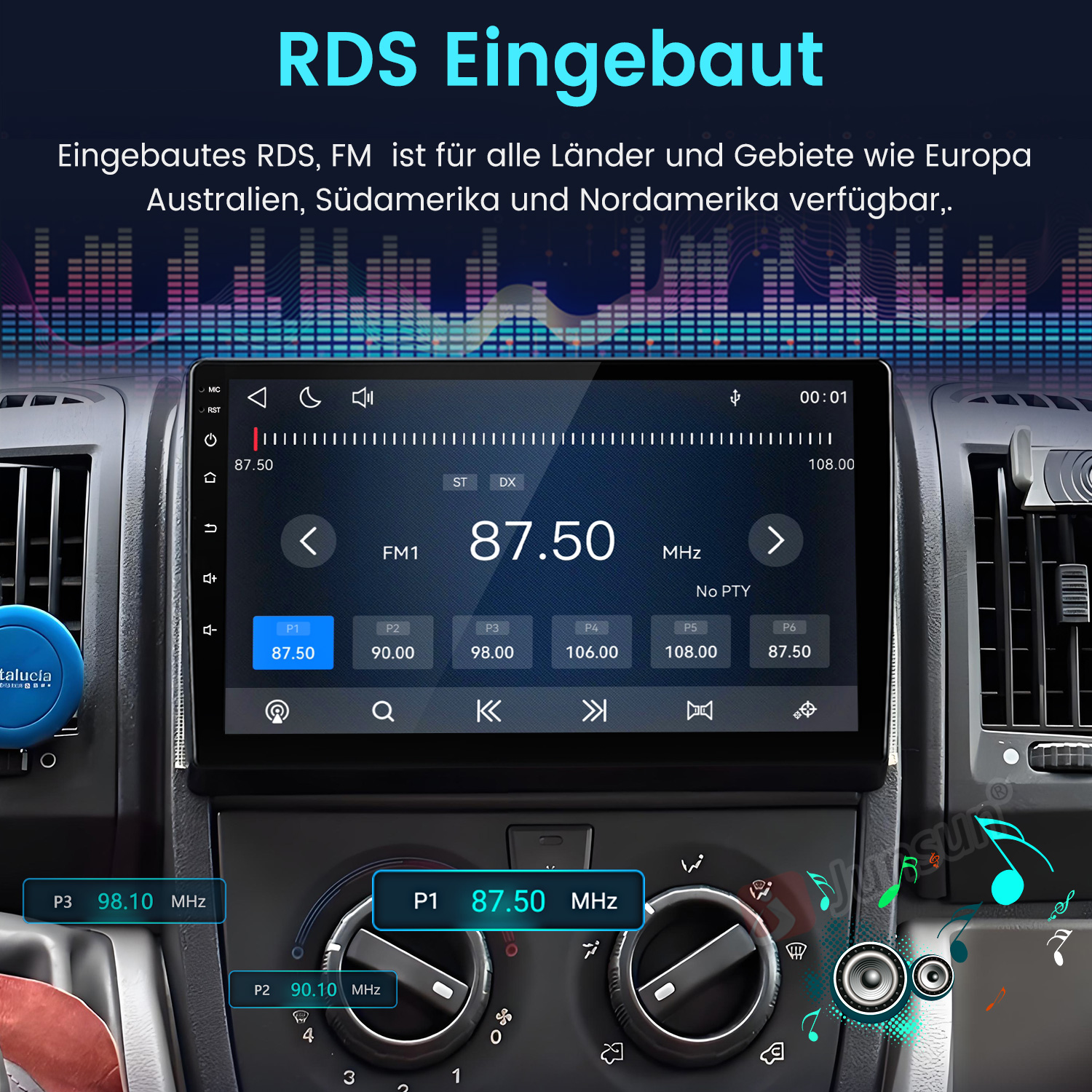 Ein Autoradio mit Touchscreen zeigt RDS-Informationen und FM-Sender an. Knöpfe und Regler sind sichtbar.
