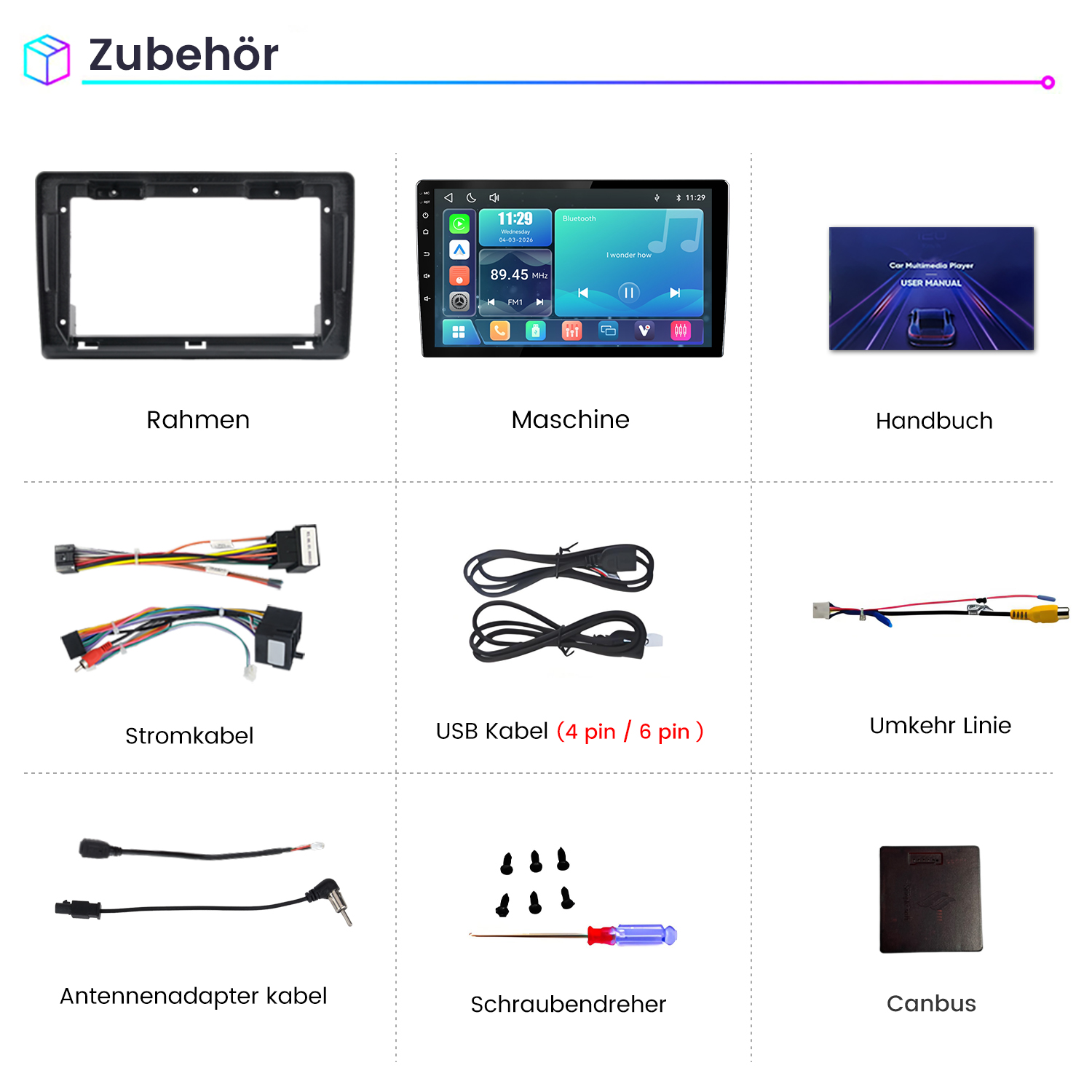 Ein Autorahmen, ein Autoradio-Display, ein Handbuch, Kabel, USB-Kabel, eine Rückfahrkamera-Leitung, ein Antennenadapter und ein Schraubendreher.