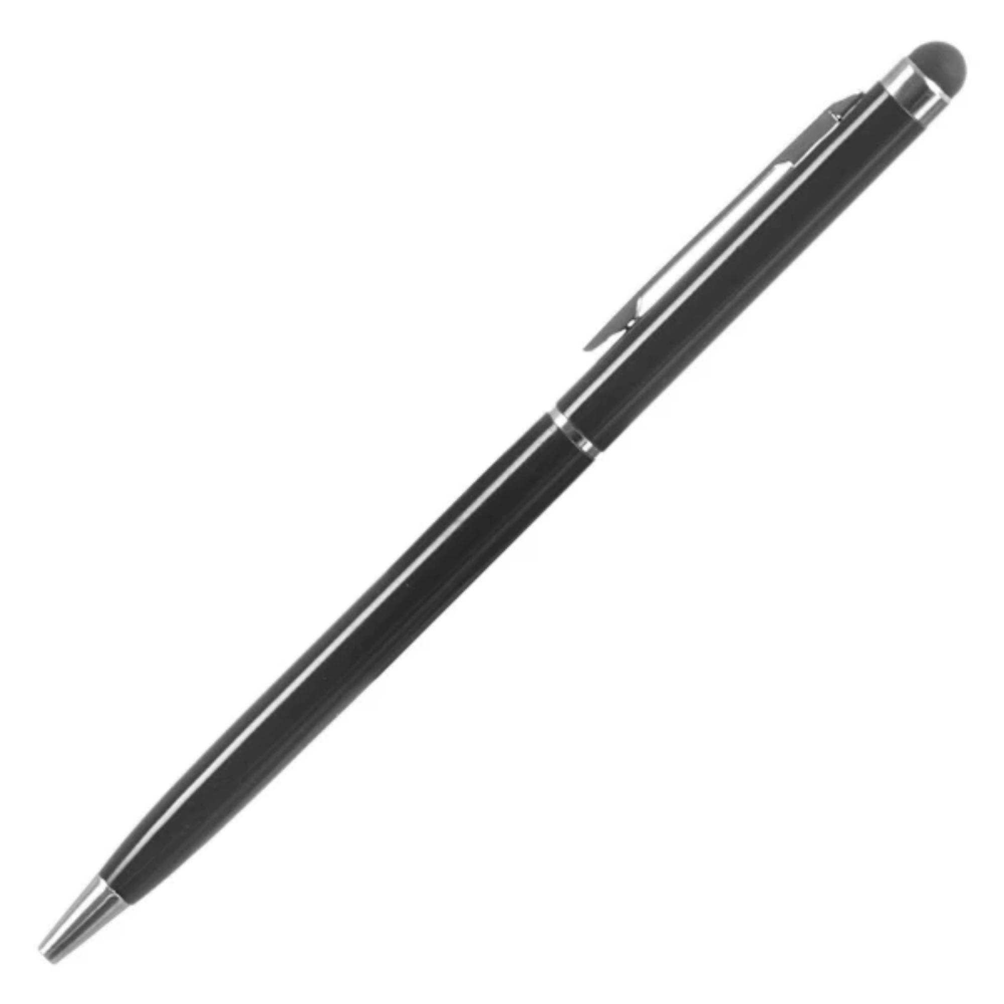 Schwarzer Stift mit Touchscreen-Spitze, silbernen Akzenten, auf weißem Grund.