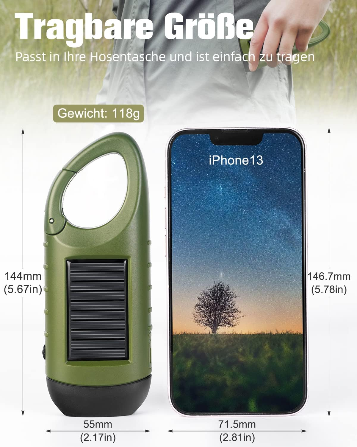 Grüner Solarladegerät im Vergleich zu einem iPhone 13, mit Größenangaben.