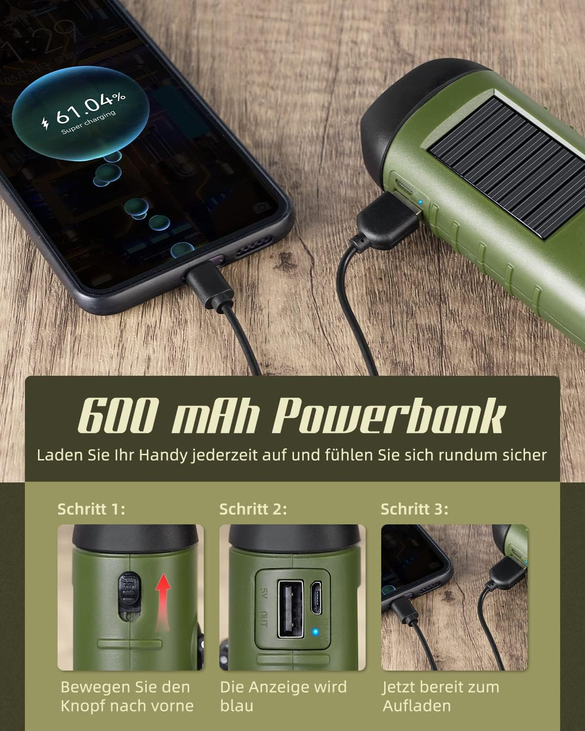 Ein Handy wird mit einer grünen Powerbank mit Solarpanel geladen.