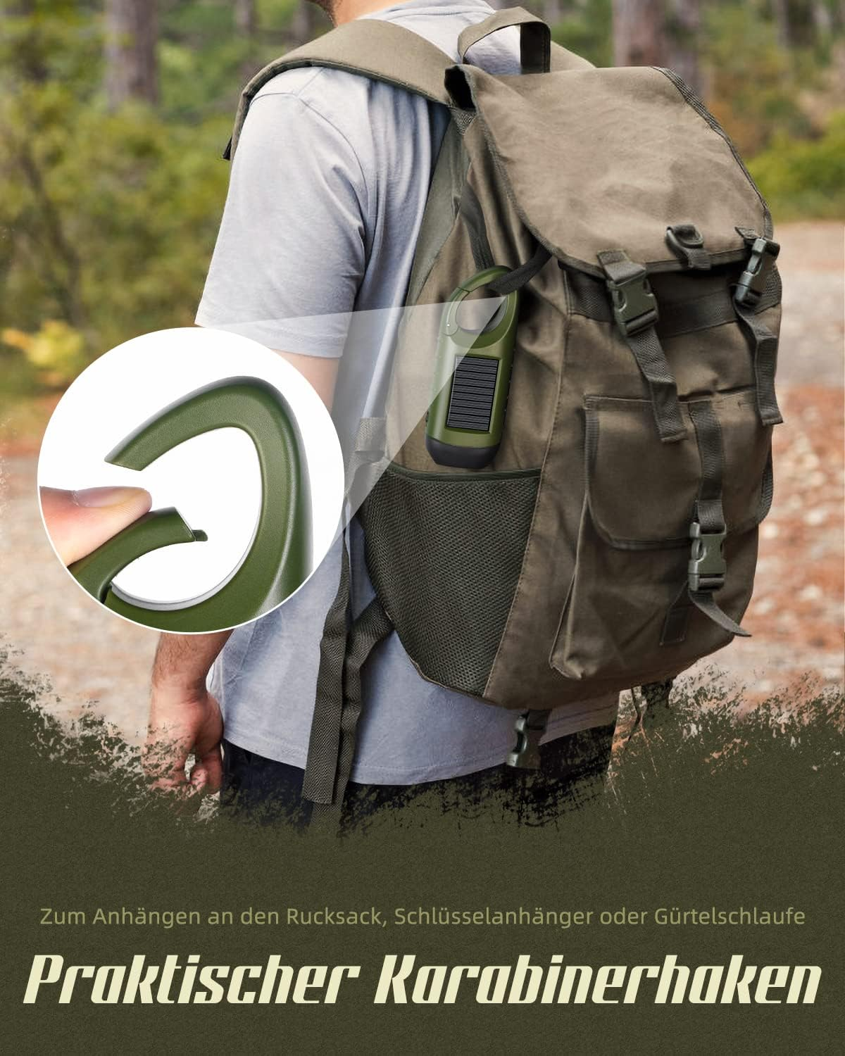 Grüner Karabinerhaken, der an einem Rucksack befestigt ist. Nahaufnahme zeigt Clip-Detail.