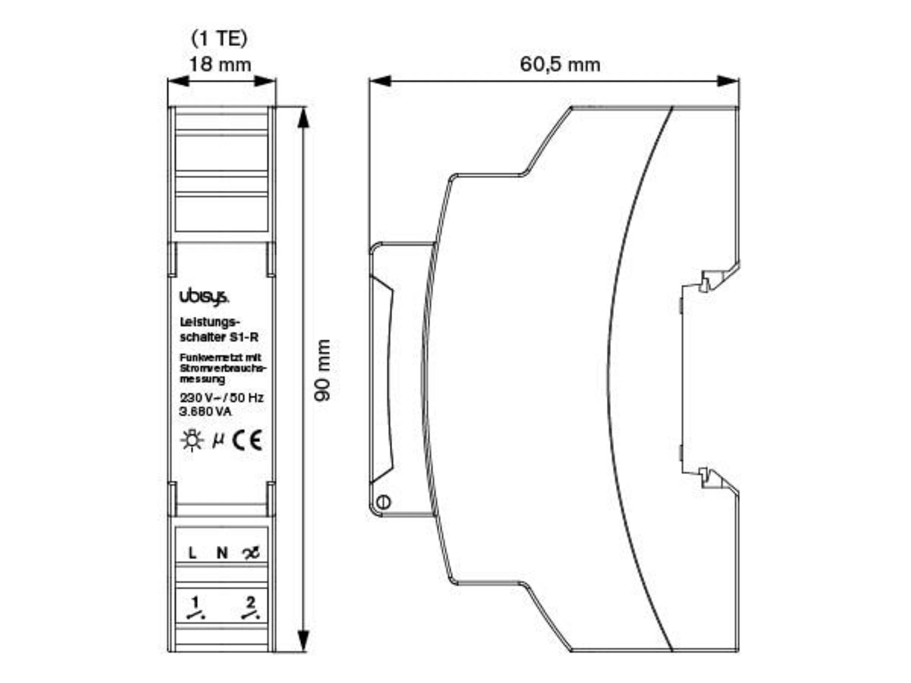 Technische Zeichnung eines 18mm breiten Leistungsschalters S1-R.