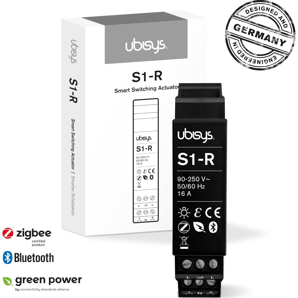 Ein Ubisys S1-R Smart Switching Actuator und seine Verpackung.