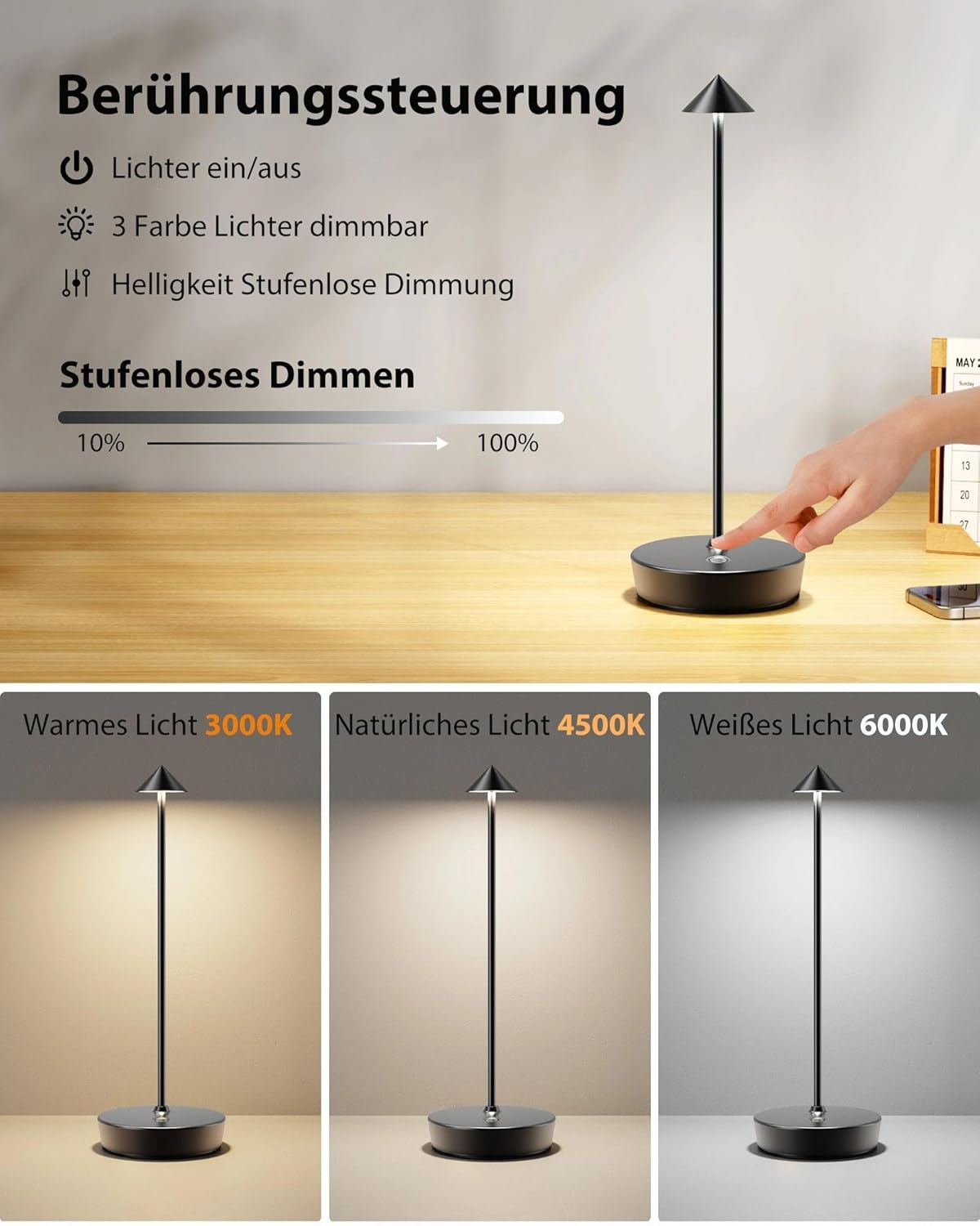 Moderne Lampe mit Touch-Steuerung, dimmbar in 3 Farben und Helligkeit.