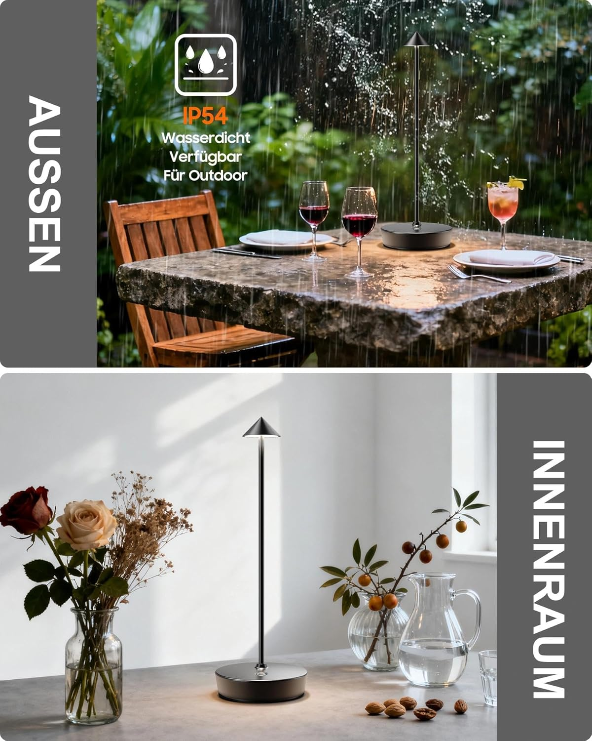 Gedeckter Außentisch bei Regen. Innentisch mit Blumen und Lampe.