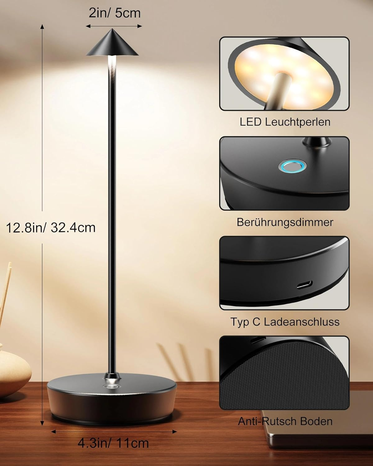 Eine schlanke, schwarze LED-Tischlampe mit Touch-Dimmfunktion und USB-C-Anschluss.